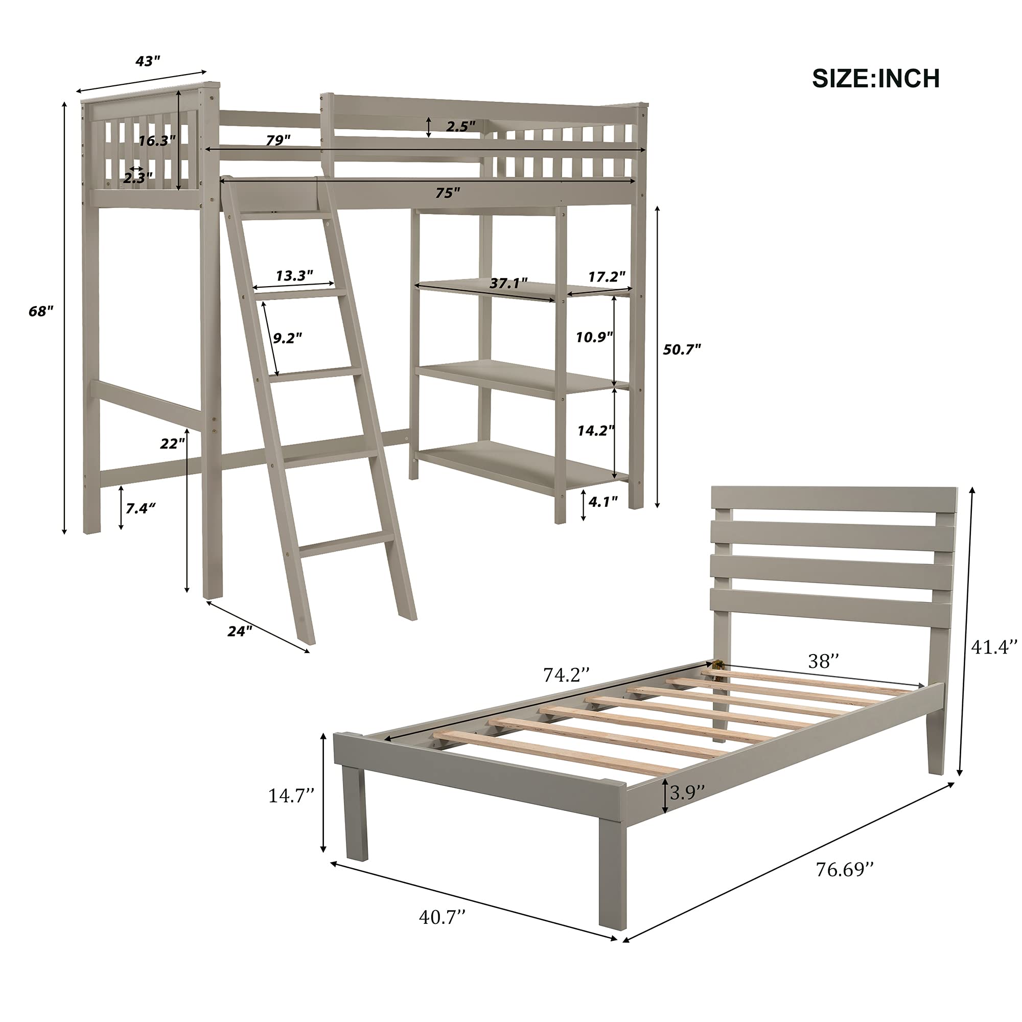 Solid Wood Twin Size Loft Bed Frame with Twin Platform Bed, 3 Storage Shelves & Safety Guardrail - Space Saving Kids & Teens Bedroom Furniture for Small Rooms (Gray) - Perfect for Dorms, Apartments & Shared Kids' Rooms