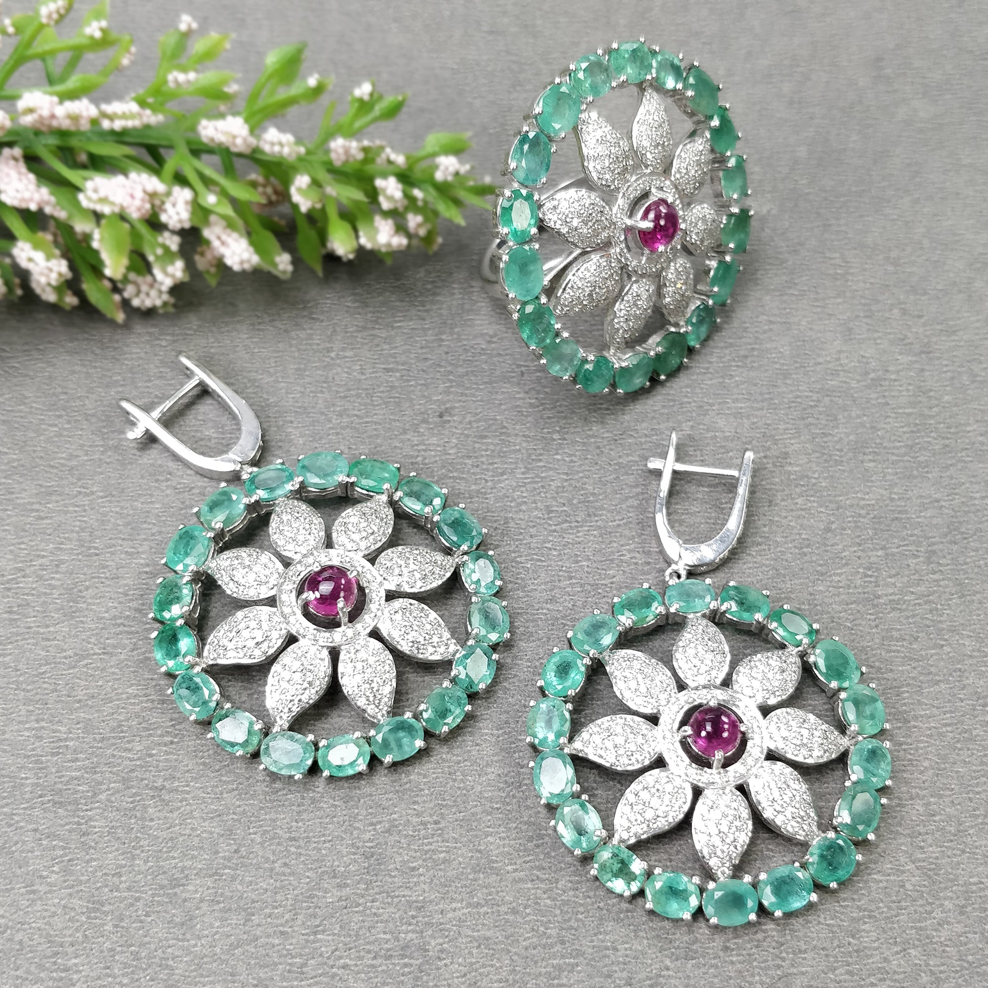 Natural Emerald & Pink Tourmaline Gemstone Jewelry Set with CZ - 925 Sterling Silver Round & Oval Earrings & Rings for Women | Wedding, Party, Anniversary Gift
