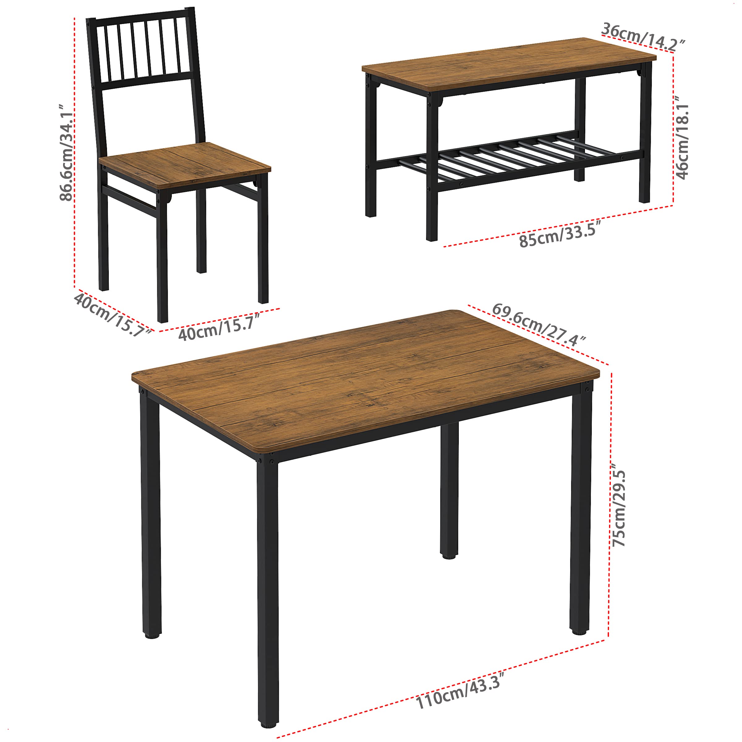 Teraves 4-Piece Dining Table Set with 2 Chairs & Bench - 43.31