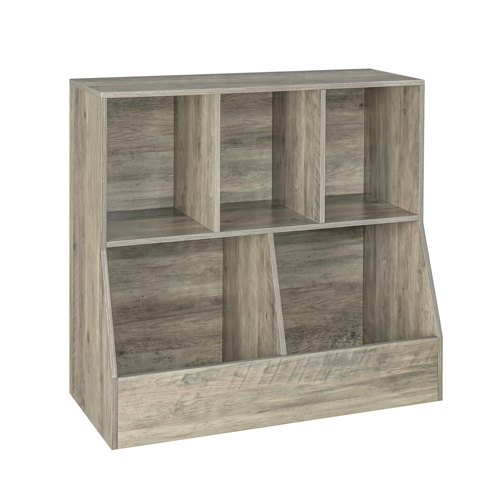 DINZI LVJ Wooden Toy Storage Organizer & Kids Bookshelf - 5-Cubby Children's Bookcase with Gray Wash Finish (31.5