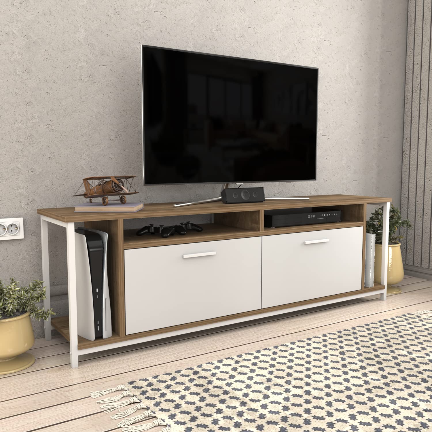 Decorotika Omar TV Stand Media Console for TVs Up to 72 Inch - Modern Walnut Entertainment Center with Storage Shelves - Perfect for Living Room, Home Theater & Apartment Decor
