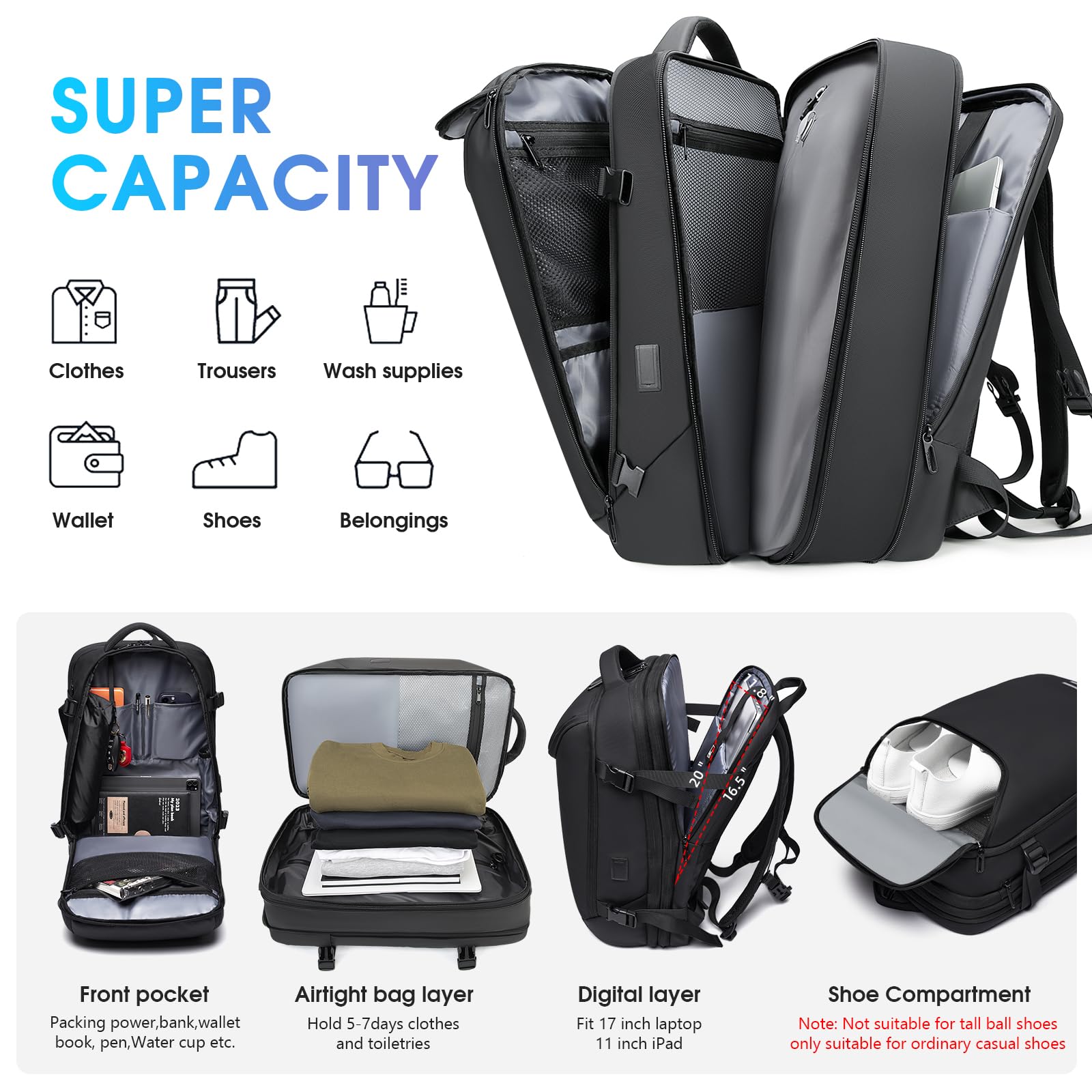 50L Vacuum Compression Backpack with Pump - Air Tight Travel Backpack for Men & Women, Water Resistant USB Charging Business Backpack - Perfect for Camping, Hiking & Business Trips