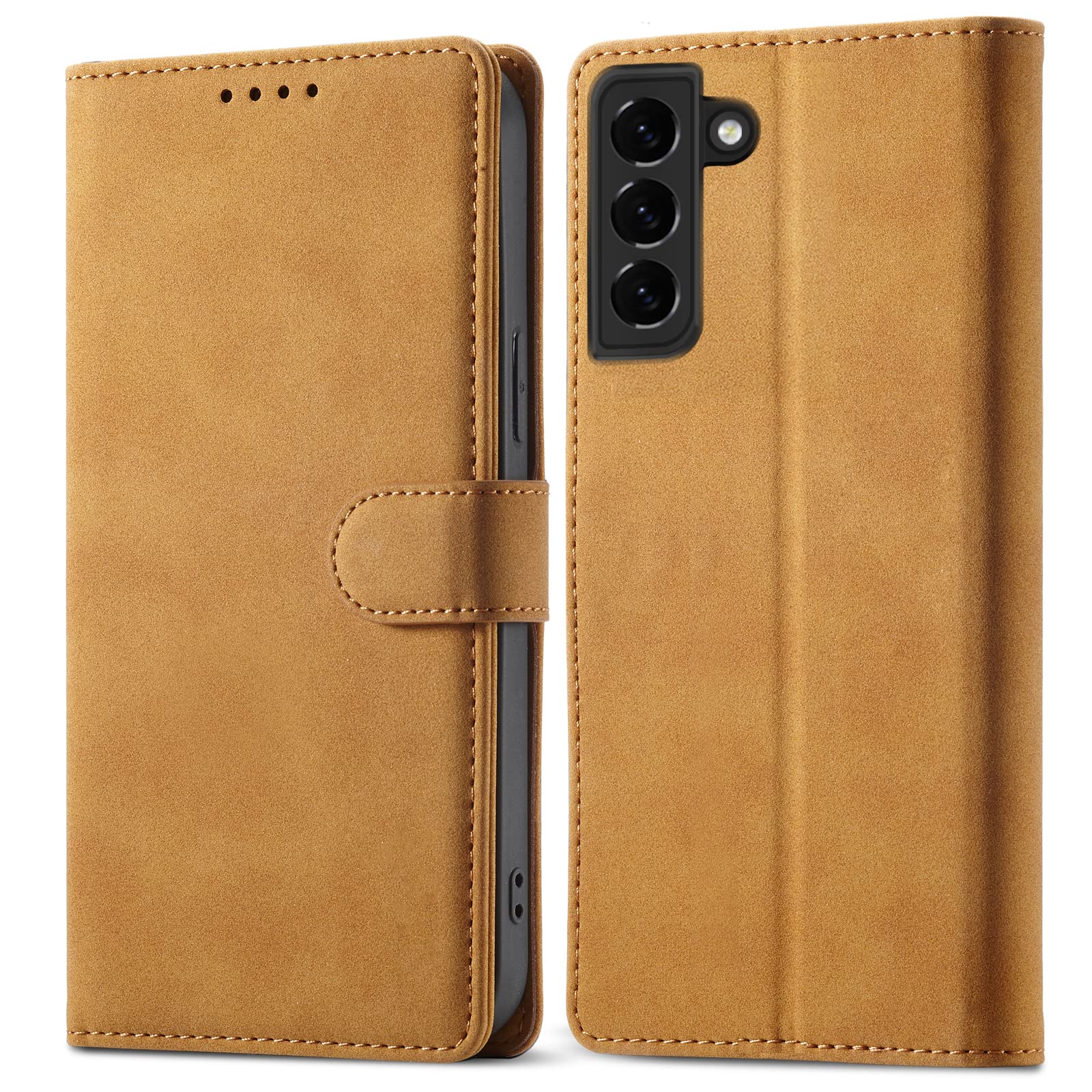 Samsung Galaxy S21 FE RFID Blocking Leather Wallet Case with Magnetic Flip Cover & Card Holders - Full Protection Clear Silicone Cover for Men & Women (Brown) | Perfect for Daily Use, Travel & Contactless Payments