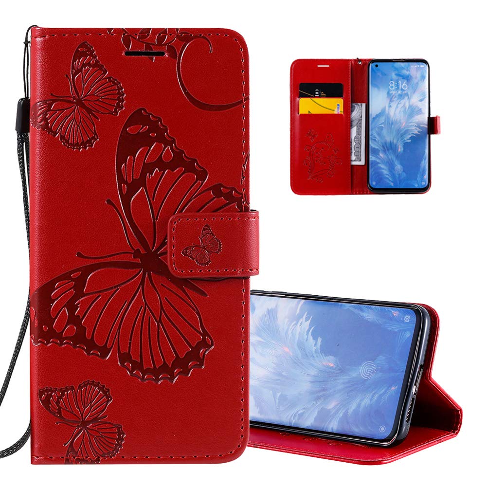 Samsung Galaxy A21S Case - Butterfly Embossed Magnetic Clasp Wallet Cover with Hand Strap | Slim Protective Phone Case for Women | Perfect for Daily Use, Travel & Work (Red)