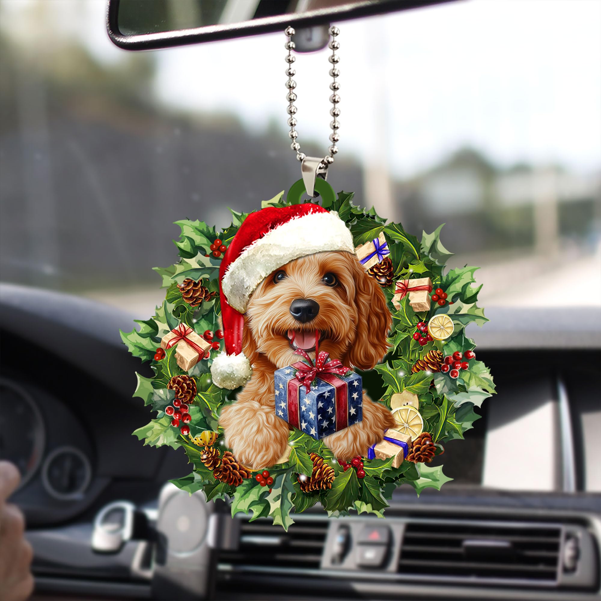 Talataca Goldendoodle Christmas Hat Wreath 2D Car Mirror Charm - Dog Lover Gift, Holiday Car Ornament & Interior Decor for Christmas, Perfect for Pet Owners & Festive Vehicle Decoration