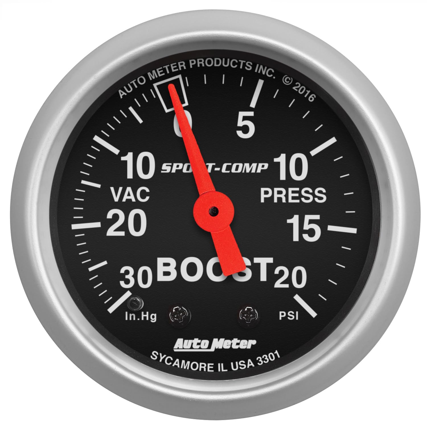 Auto Meter 3301 Sport-Comp Mechanical Boost/Vacuum Gauge - 2.3125 Inch Diameter - High Performance Car & Racing Vehicle Monitoring - Perfect for Turbocharged Engines & Engine Tuning