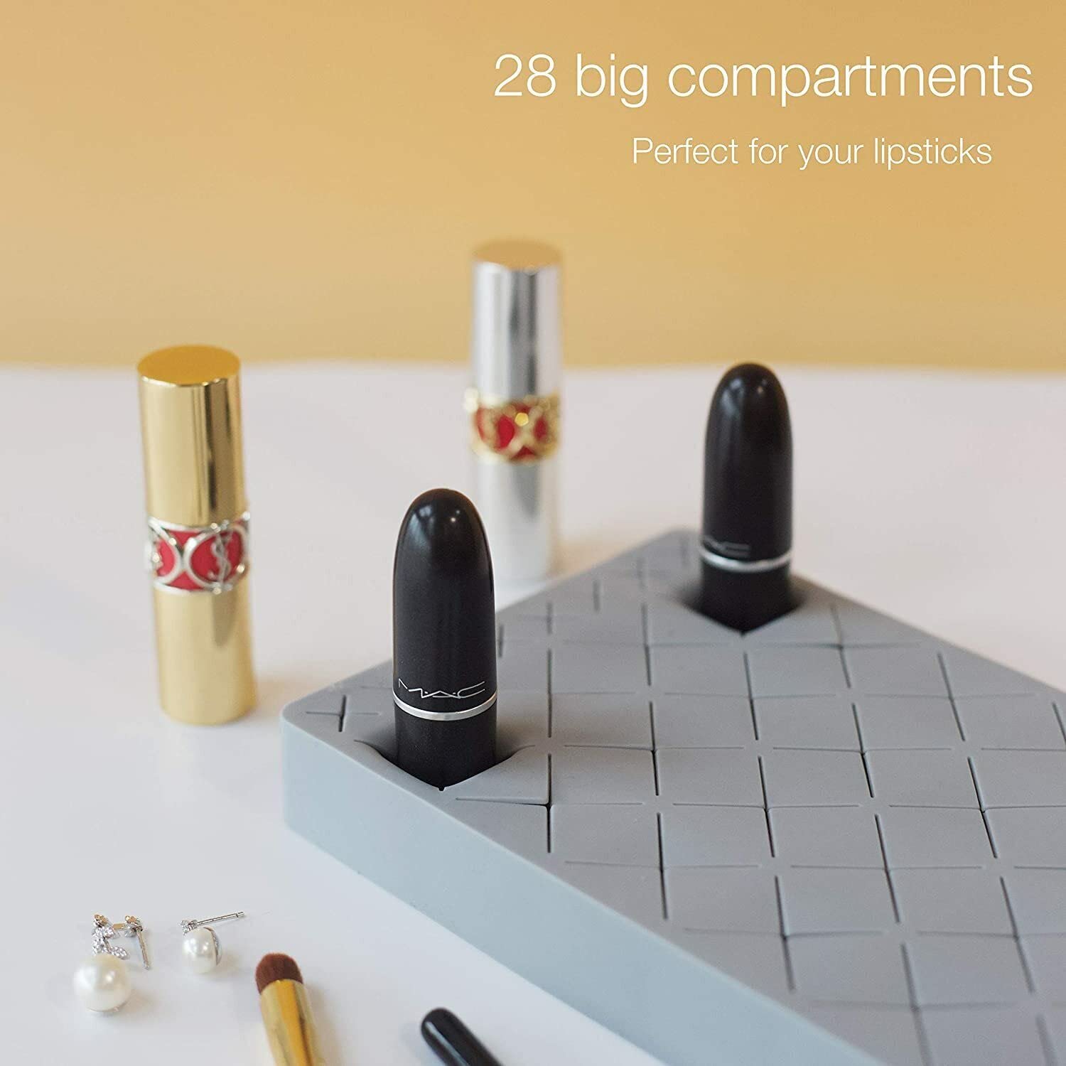 Upgraded Magik Silicone Lip Gloss Holder & Makeup Organizer - 36 Slots for Lipsticks, Brushes, Eyeliners (Gray) | Perfect for Vanity, Travel, Bathroom & Makeup Bag Organization