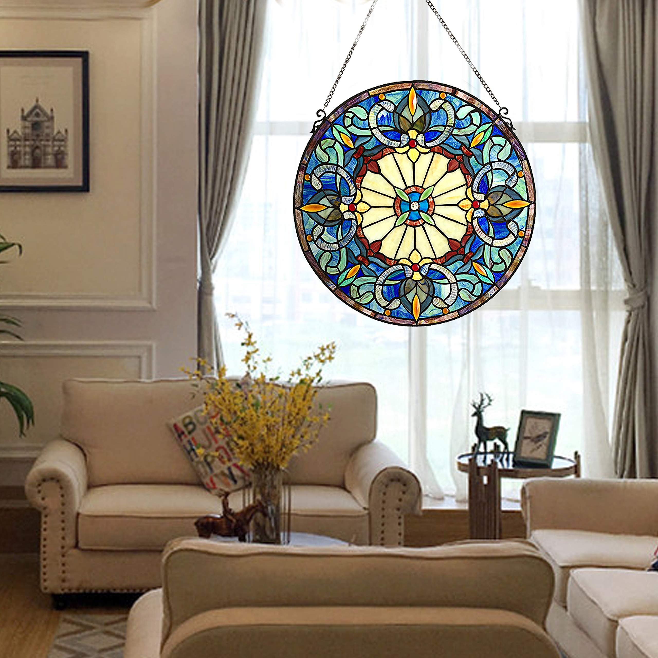 Tiffany-Style Stained Glass Victorian Window Panel - 22 Inch Handcrafted Art Glass Decor for Home, Church & Office