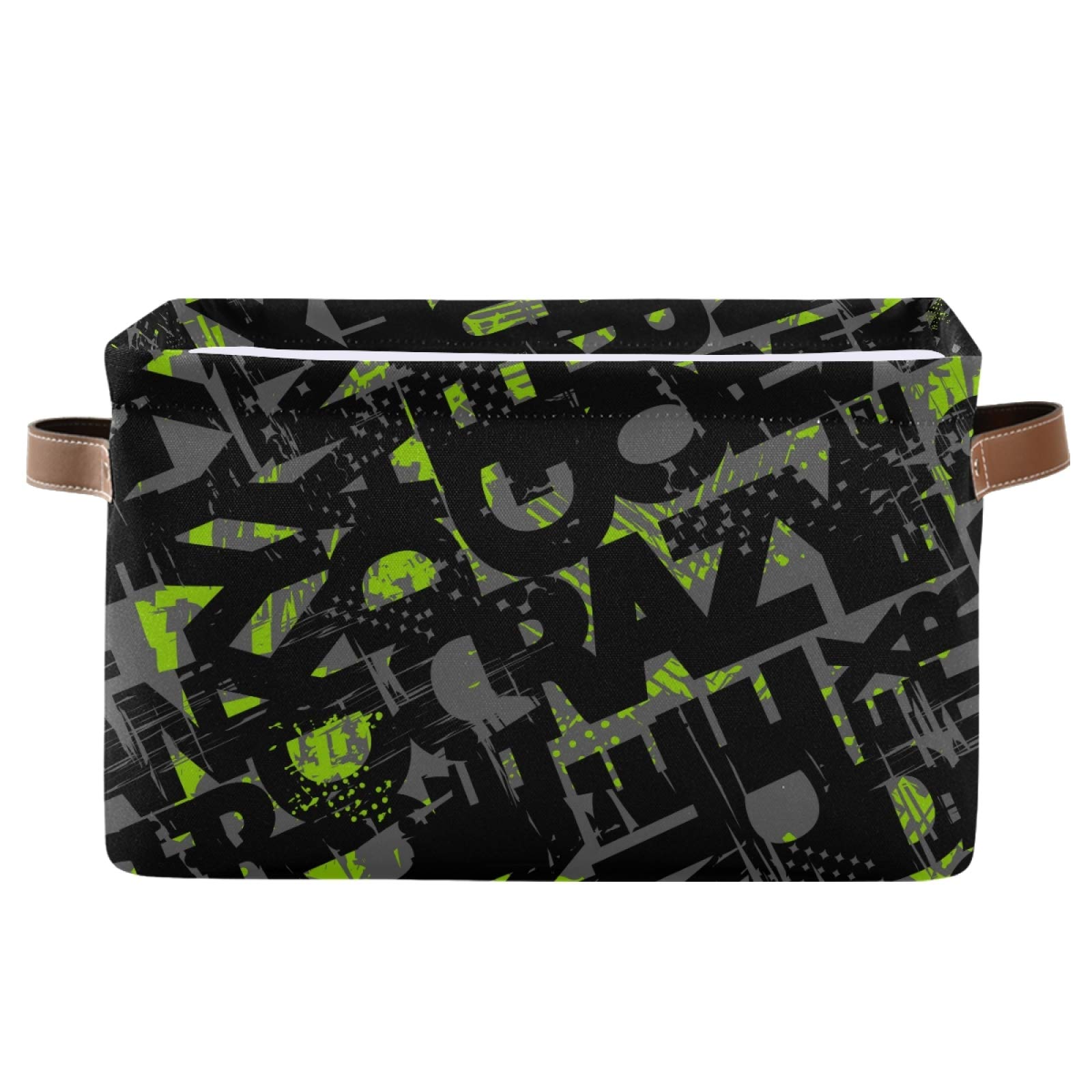 Biekaya Grunge Words Foldable Storage Bin with Handle - Collapsible Fabric Storage Basket & Large Storage Cube Bag for Home, Closet, Shelves (15x11x9.5 Inches) - Perfect for Organizing Clothes, Toys, and Home Decor