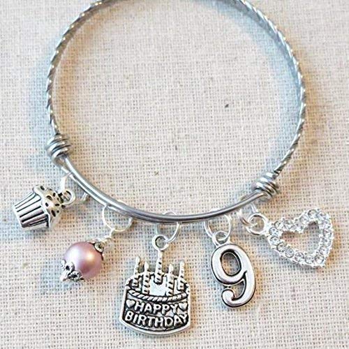 9th Birthday Charm Bracelet for Girls - Personalized 9 Year Old Daughter Birthday Gift Idea - Elegant Ninth Birthday Bangle for Kids - Perfect for Birthday Parties, Celebrations & Special Occasions