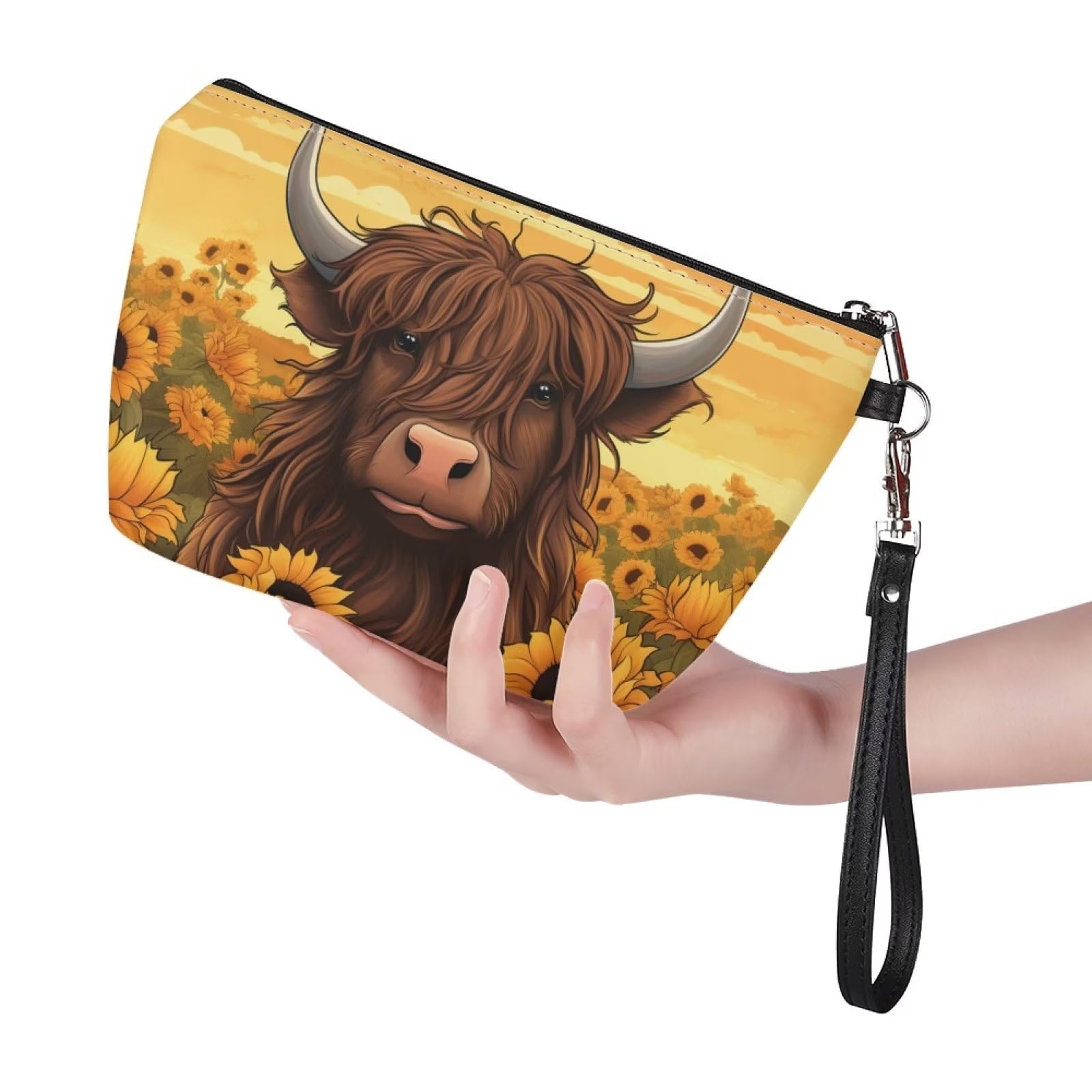 DISNIMO Sunflower Cow Print Makeup Bag - Waterproof Cosmetic Pouch for Women & Teens, Cute Travel Toiletry Organizer, Leather Clutch for Girls (Perfect for School, Travel & Daily Use)