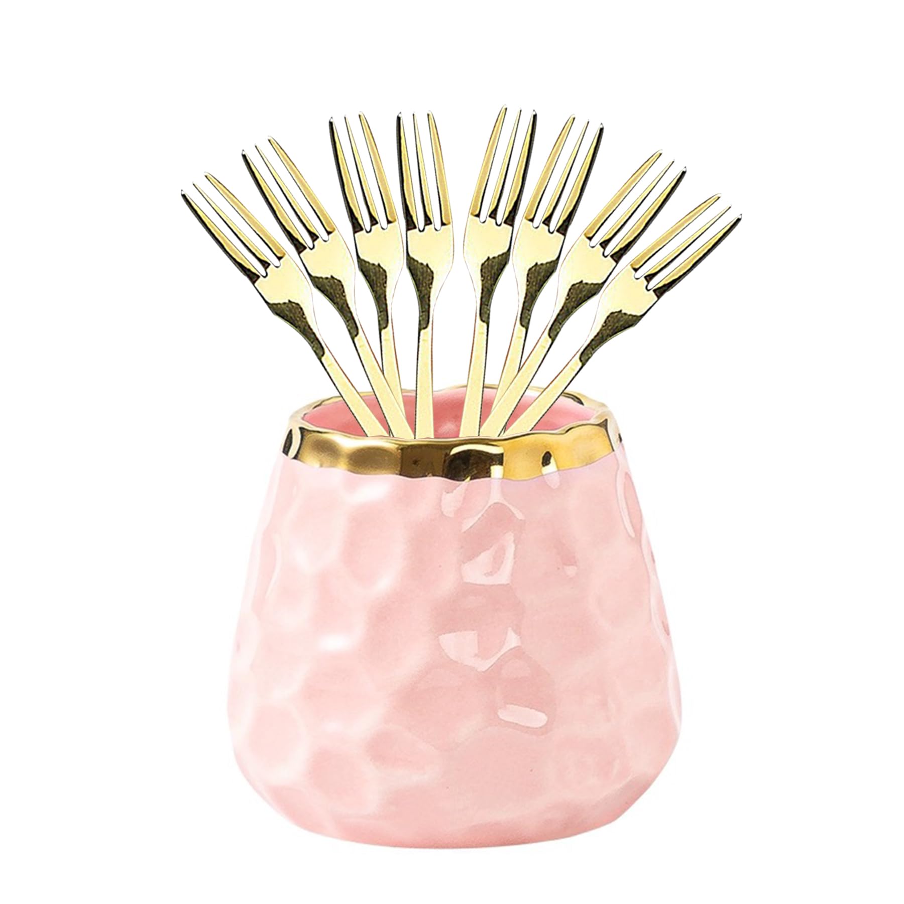 Elegant Dessert Fork Set with Pink Ceramic Jar & 8 Small Forks - Perfect for Salads, Fruits, Cakes, Parties & Camping | Stylish Tableware for Home Entertaining & Outdoor Dining