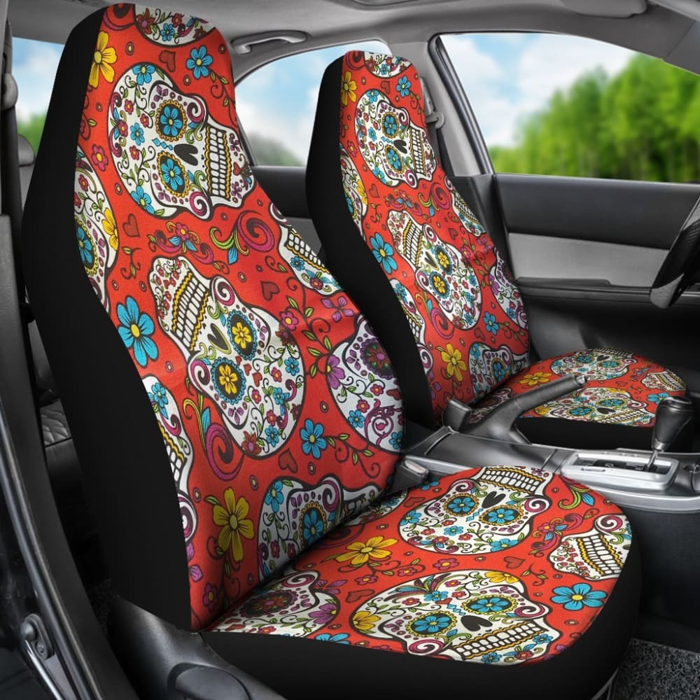 2 Pcs Sugar Skull Car Seat Covers - Halloween Dia de Los Muertos Decor - Universal Fit for Cars, Trucks & SUVs - Perfect for Halloween Parties, Mexican Themed Events & Day of the Dead Celebrations