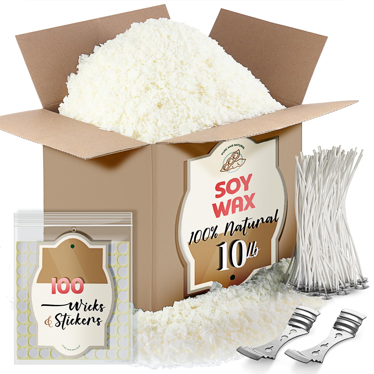 Premium Natural Soy Wax Flakes for Candle Making - 10 lb Bag with 100% Cotton Wicks, Wick Stickers & Centering Tools | DIY Home Candles, Aromatherapy, Gifts & Wedding Decorations