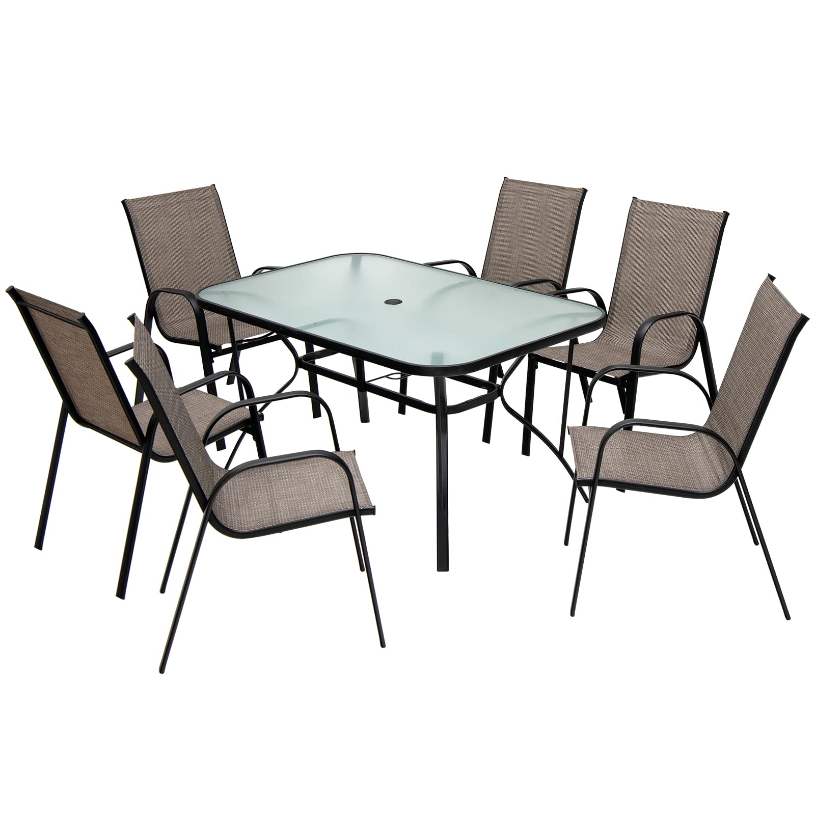 Tangkula 55-Inch Rectangle Patio Dining Table for 6 with Umbrella Hole - Tempered Glass Top & Steel Frame - Outdoor Dining Set for Backyard, Poolside, Balcony, Garden Parties & BBQ Gatherings