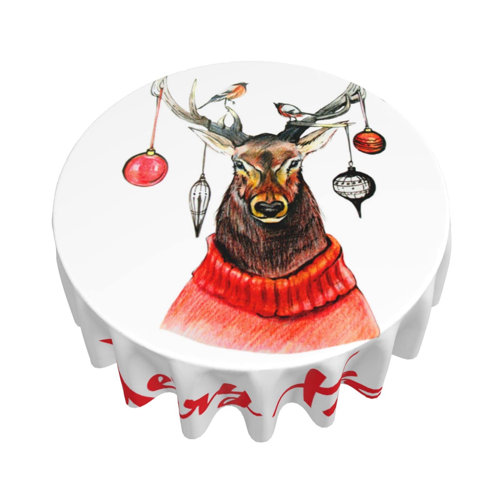 Wozukia Christmas Deer Round Tablecloth - 60 Inch Holiday Table Cover with Sweater Xmas Ball & Birds Design for Indoor Outdoor Decor - Perfect for Dining Room, Picnic, Party & Festive Gatherings