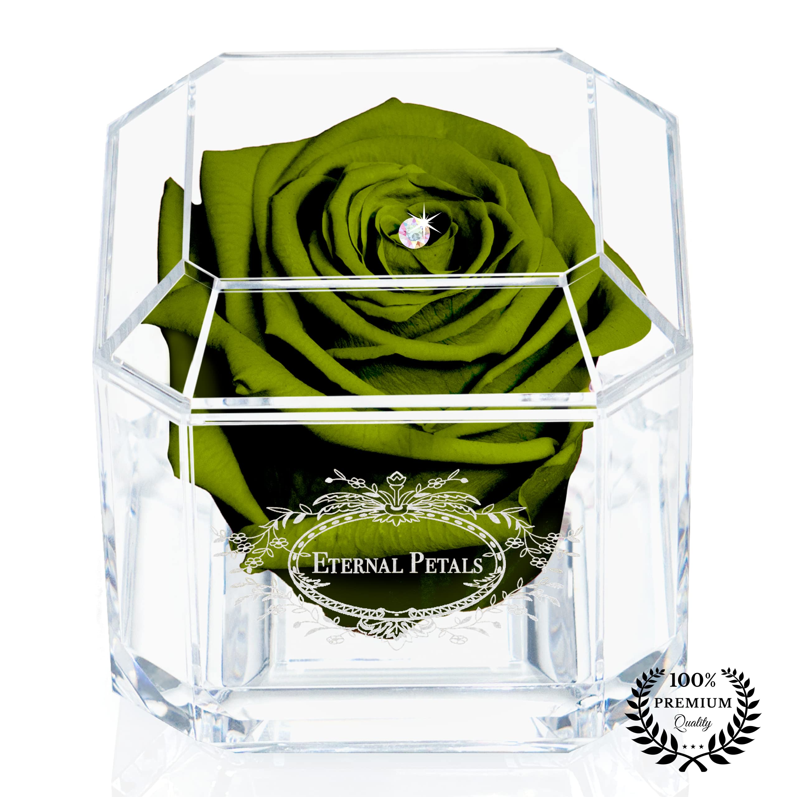 Eternal Real Rose That Lasts Years - White Gold Solo with Multicolor Swarovski Crystal (Khaki) | Perfect for Wedding Decor, Anniversary Gifts & Home Decoration
