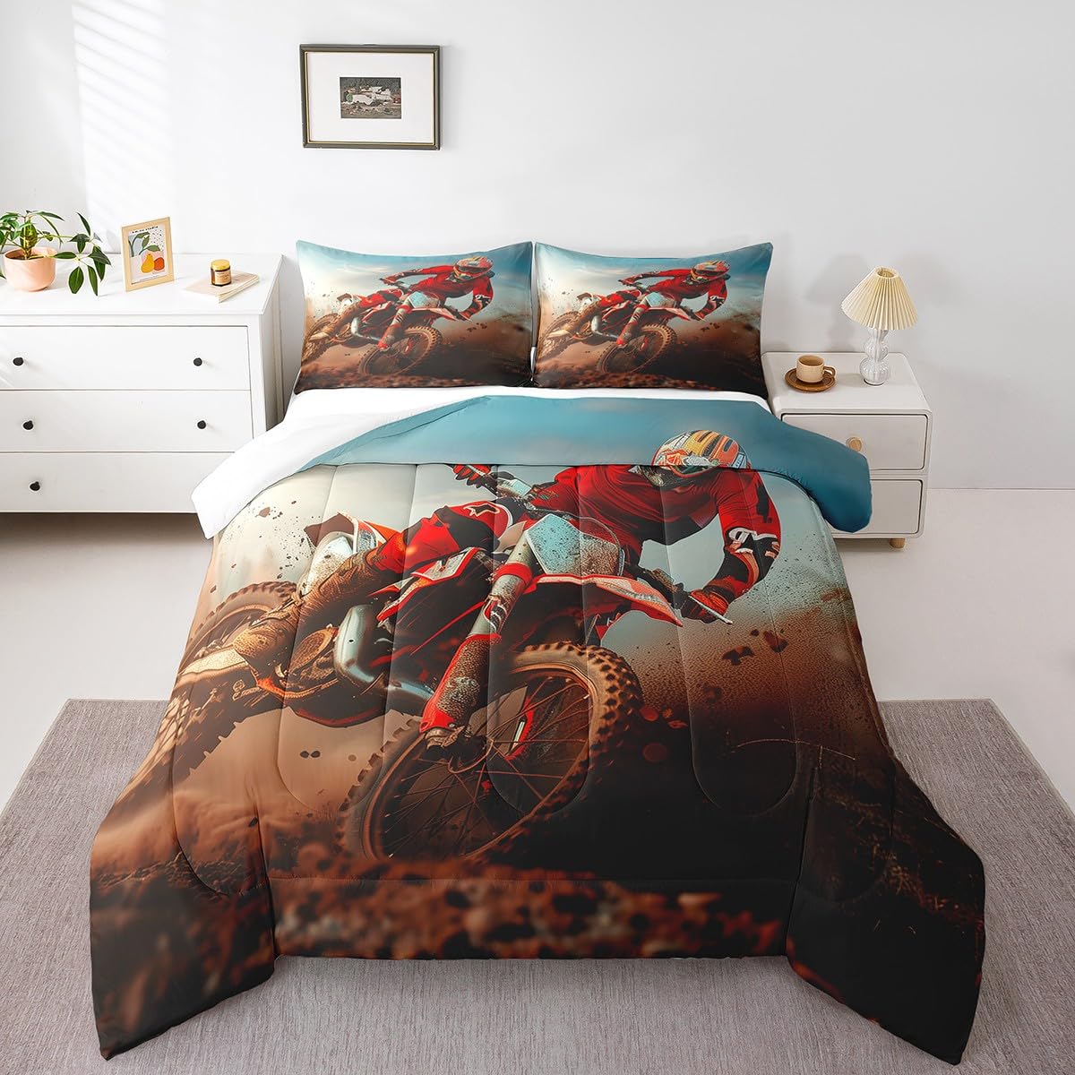 Erosebridal Boys Motocross Bedding Set Twin Size - Racing Motorcycle Duvet Cover & Pillowcase - Extreme Sports Dirt Bike Comforter Set for Teens - Moto Rider Bedroom Decor for Kids Room - Perfect for Racing Theme Bedrooms & Motorbike Lovers