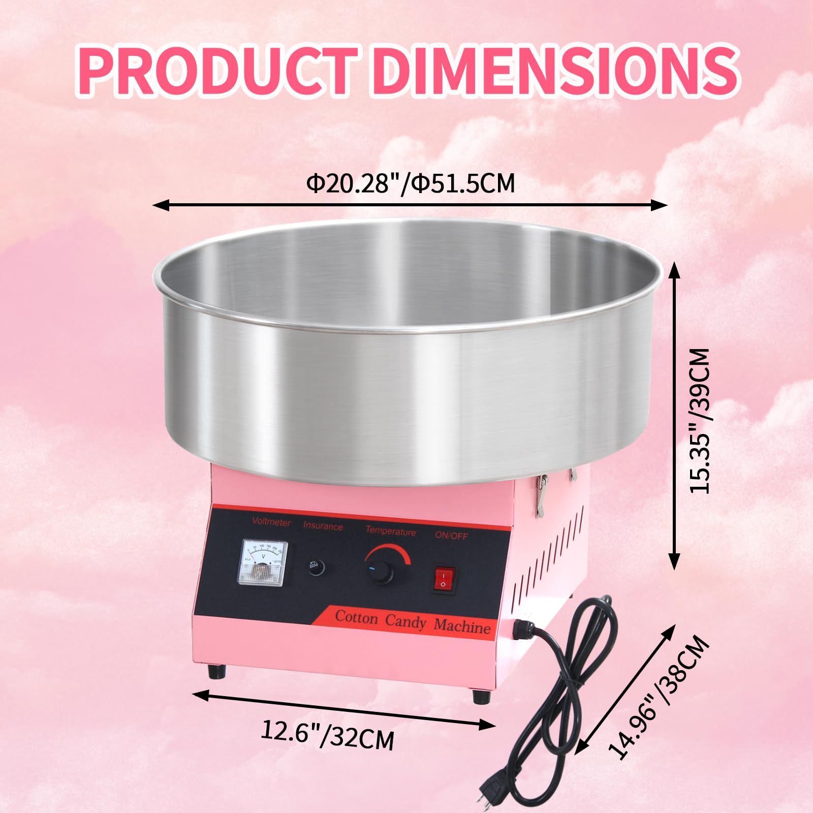 1050W Commercial Cotton Candy Machine with Stainless Steel Bowl - Electric Candy Floss Maker for Kids Birthday Parties, Halloween, Christmas & Festivals - Perfect for Family Gatherings, Carnival Events & Sweet Shops (Pink)