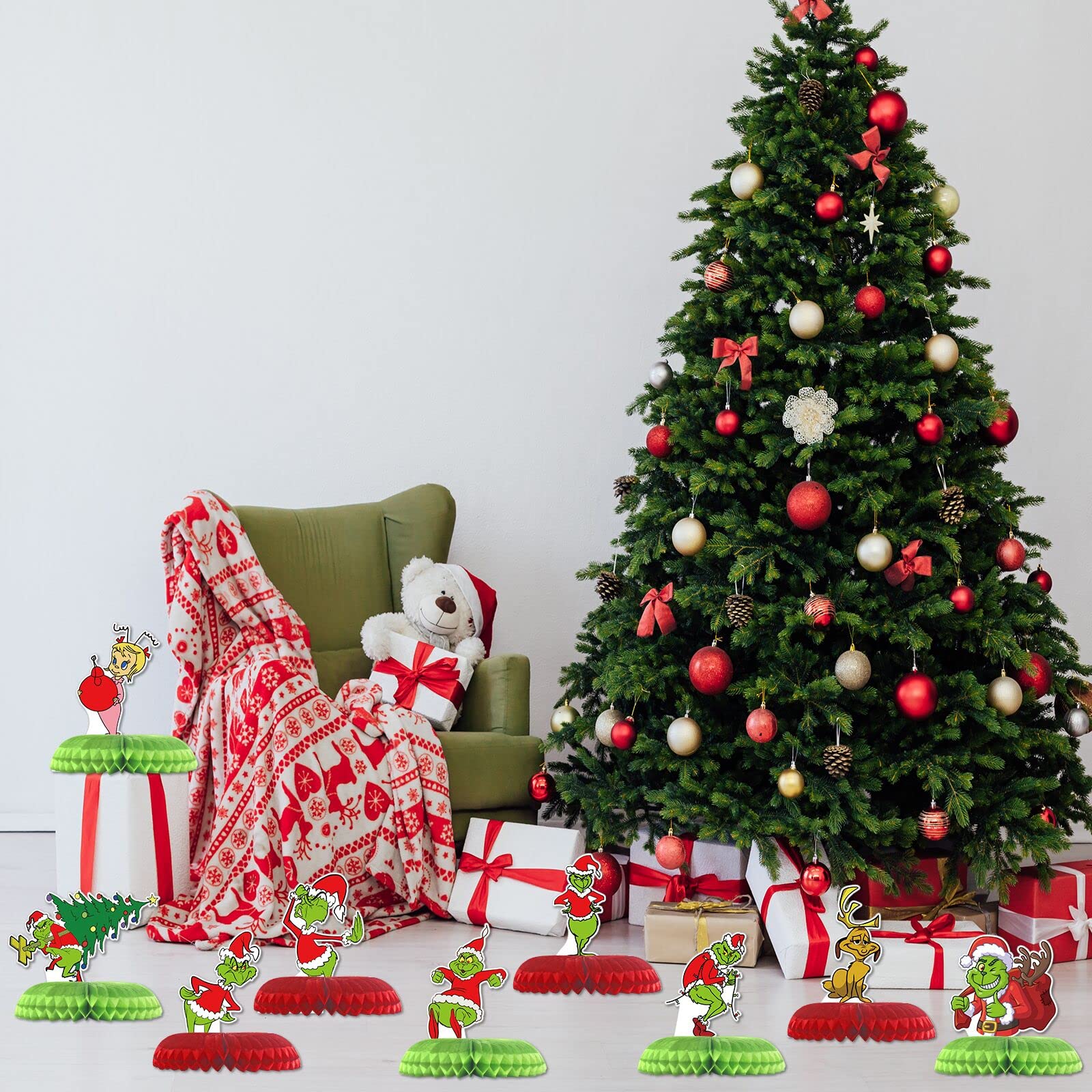 9-Piece Grinch Christmas Decorations Set - Honeycomb Tabletop Centerpieces for Holiday Parties, Home Decor & Themed Birthday Favors | Perfect for Christmas Tree Decor, Gift Exchanges & Festive Gatherings