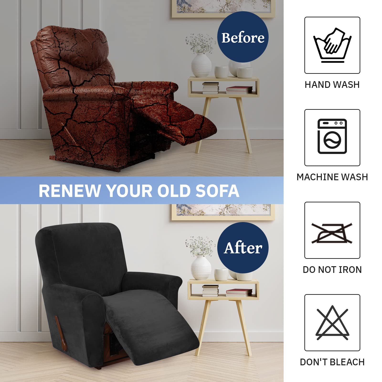WEERRW Velvet High Stretch Recliner Chair Cover - Washable Furniture Protector with Non-Slip Elastic Bottom for Kids & Pets - Black - Perfect for Living Room, Home Theater & Office Recliners
