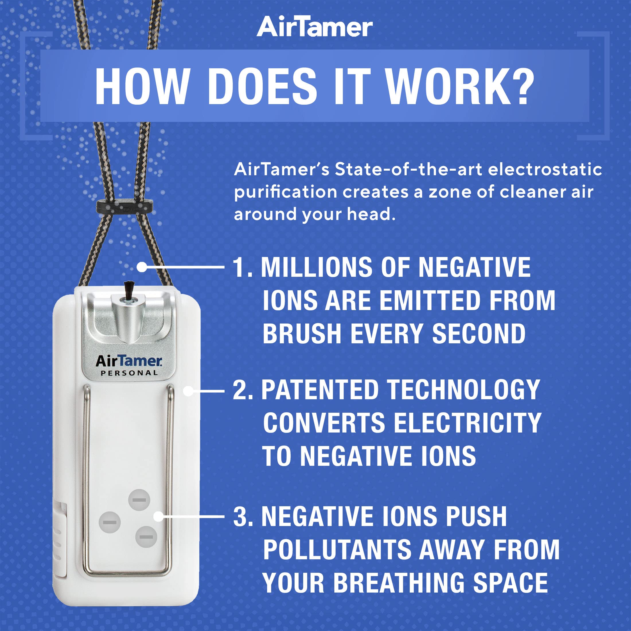 AirTamer A302 Portable Personal Air Purifier with Electrostatic Technology | Rechargeable Lithium Battery | Compact Travel Size for Home, Office & Outdoor Use | Includes Durable Metal Travel Case