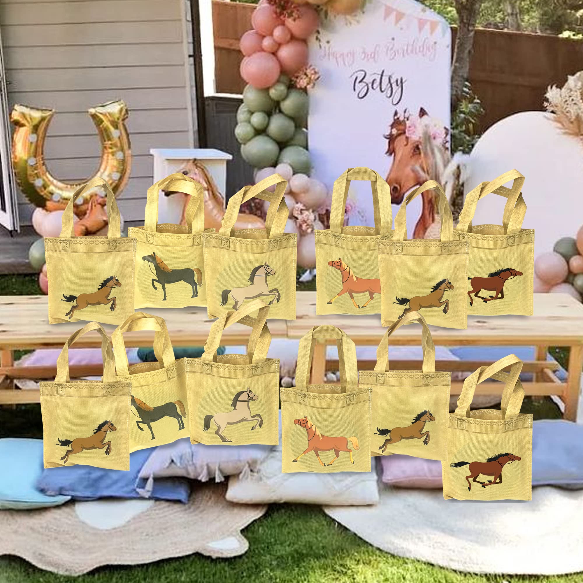 Horse Party Favor Bags - 12 Pack Non-Woven Treat Bags for Kids Birthday, Cowboy Theme & Baby Shower - Durable Horse Racing Party Supplies for Goodie Bags, Favors & Gifts | Perfect for Western, Equestrian & Ranch Themed Events