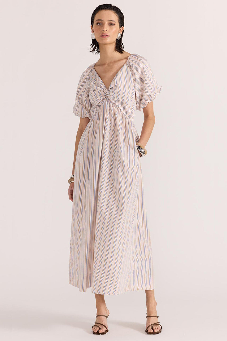 Mallory Beige Striped Twist Front Dress for Women - Elegant Casual & Party Wear - Perfect for Office, Date Night & Special Occasions