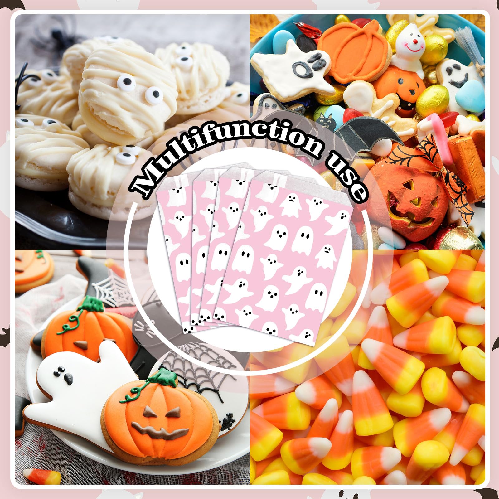 100Pcs Halloween Treat Bags 5x7.3 Inch - Cute Pink & White Ghost Pattern Candy Goodie Bags for Party Favors, Snacks, Cookies & Chocolates - Perfect for Halloween Parties, Trick or Treat & Buffet Events