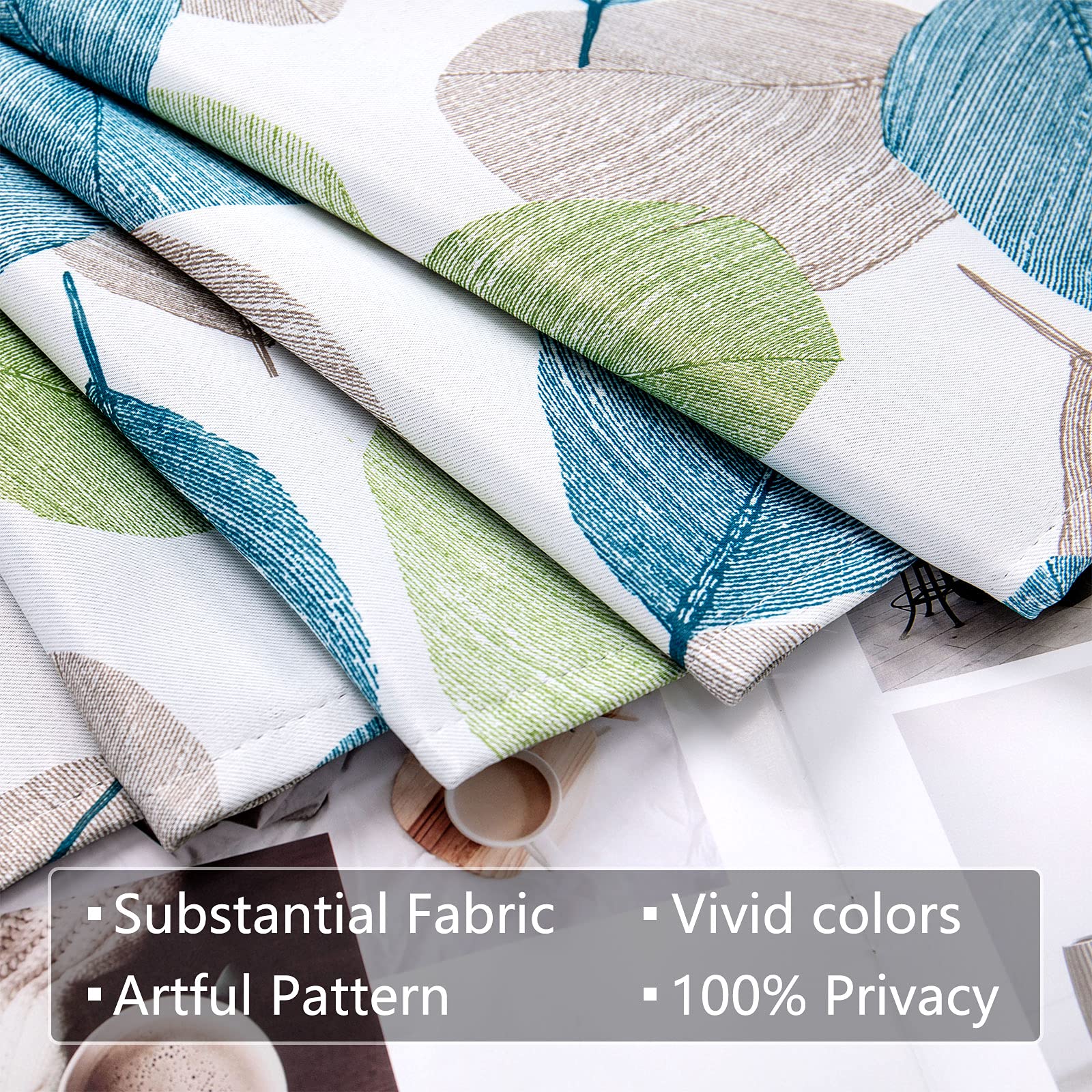 MRTREES Blackout Tier Curtains for Kitchen & Bathroom - 34x24 Inch Short Cafe Curtains with Leaves Print, Triple Weave Window Panels, Rod Pocket Design - Perfect for Basement, Bedroom & Small Windows (2 Panels, Green) - Ideal for Privacy, Light Control & Home Decor