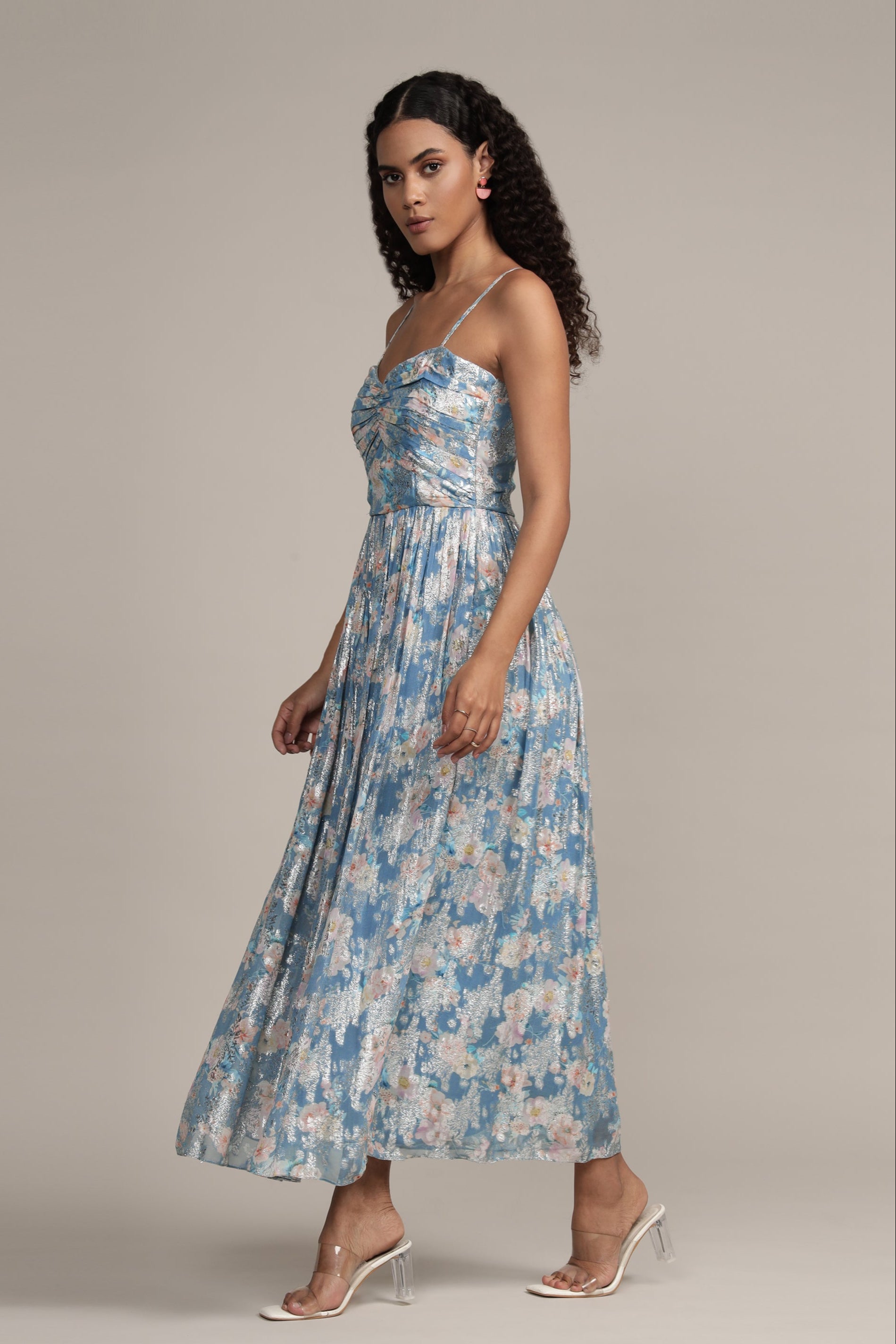 Nelex Metallic Printed Midi Dress - Blue Floral Elegant Party Dress for Women | Perfect for Cocktail Parties, Weddings & Date Nights