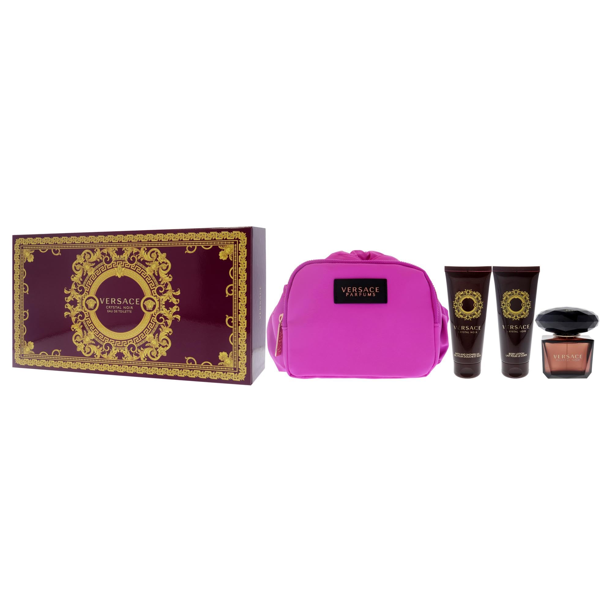 Versace Crystal Noir Eau de Toilette Gift Set for Women - 3.3 oz Perfume Spray + 3.4 oz Body Lotion + 3.4 oz Shower Gel + Travel Bag - Luxury Fragrance Gift Set for Her, Birthday, Anniversary & Special Occasions