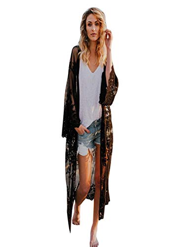 Lightweight Sheer Long Flowy Lace Kimono Cardigan for Women - Floor Length Loose Blouse Top - Perfect for Beach Cover-Up, Evening Wear & Boho Outfits