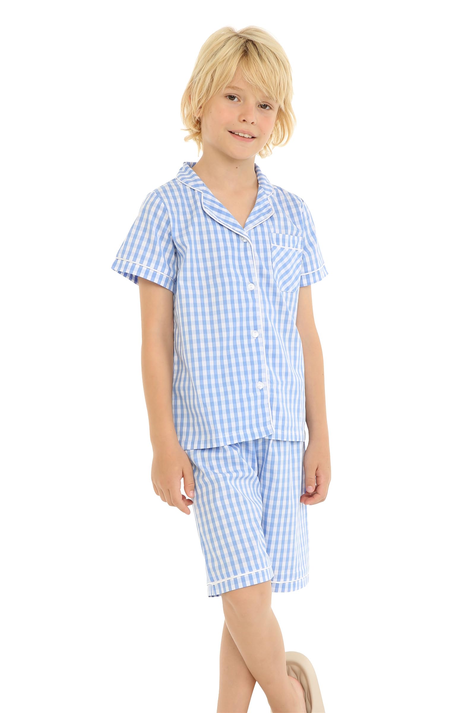 Kids Summer Pajama Set - Plaid Print with Cute Peter Pan Collar for Boys & Girls | Comfortable Sleepwear for Bedtime & Lounging