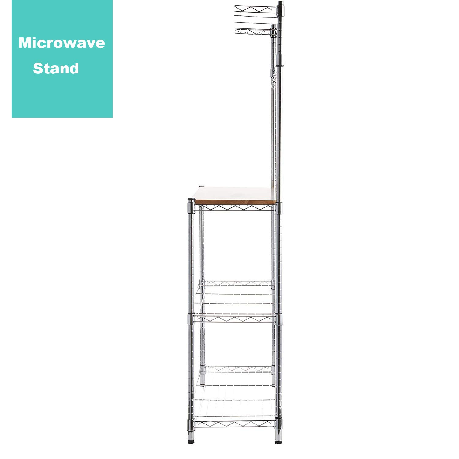 Stainless Steel Kitchen Bakers Rack with Microwave Stand & Spice Organizer - Utility Storage Shelf with Hooks, MDF Table & Wheels for Small Space Kitchen Organization | Perfect for Baking, Cooking & Coffee Station Setup