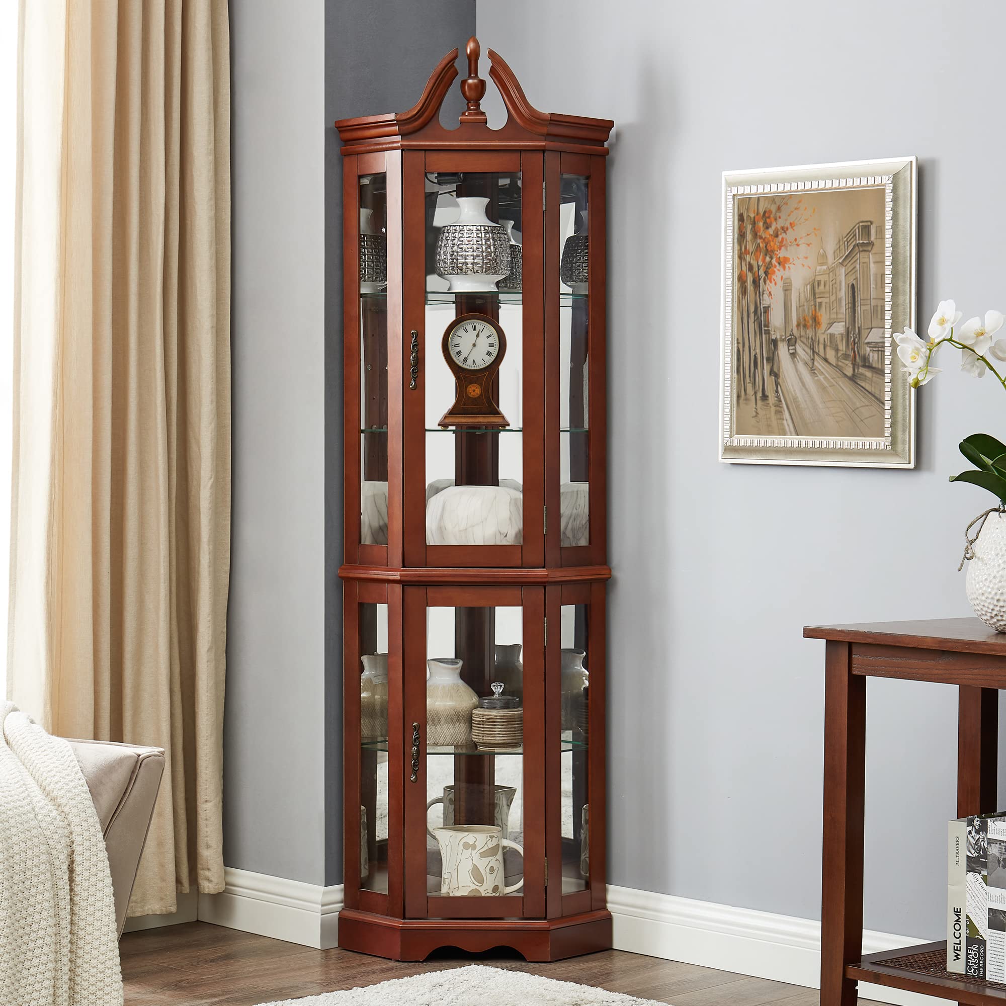 Stylish Walnut Corner Curio Cabinet with LED Lights - Adjustable Tempered Glass Shelves & Mirrored Back - Perfect for Displaying Collectibles, China, or Home Decor in Living Room or Dining Area