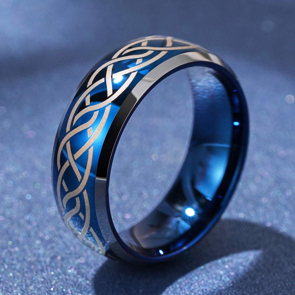 Men's Tungsten Carbide Wedding Ring - 6mm/8mm Laser Celtic Knot Blue Band for Engagement & Promise Rings | Durable, Hypoallergenic Jewelry for Grooms & Couples | Perfect for Weddings, Anniversaries & Special Occasions