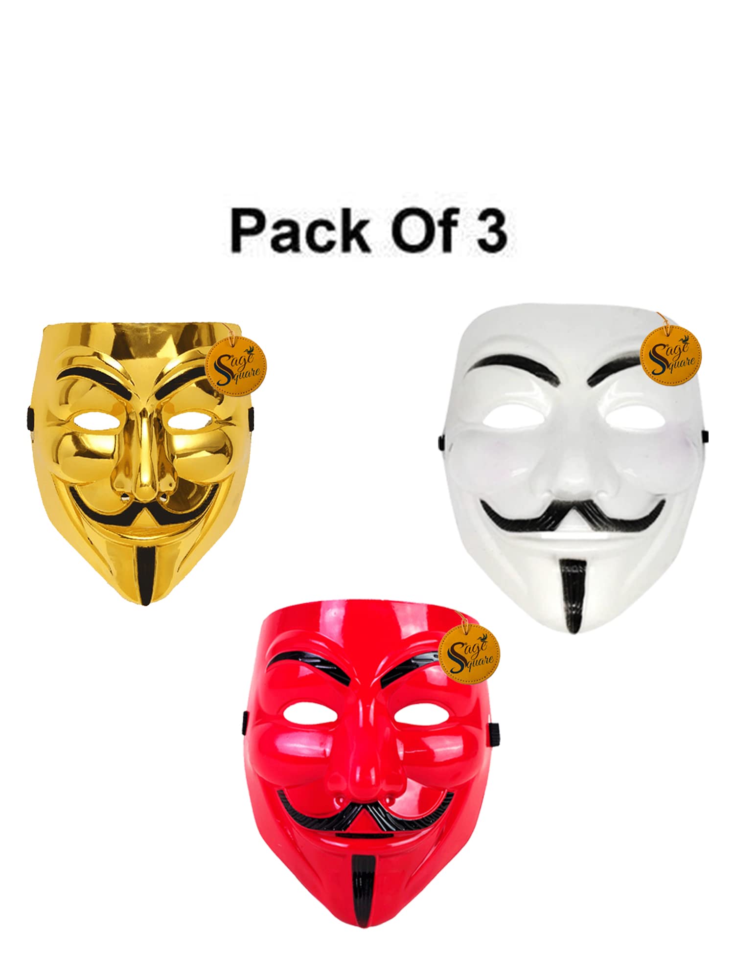 V for Vendetta Anonymous VIP Edition Face Mask Set of 3 - Sage Square White, Red & Golden Fawkes Mask for Cosplay, Halloween, Protests & Political Events - Perfect Fit Breathable Costume Accessory