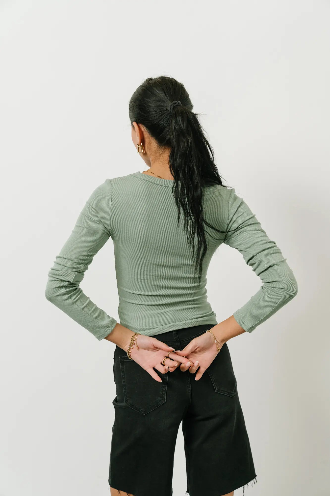 Audrey Ribbed Top in Green - Women's Stretch Knit Casual Shirt | Perfect for Everyday Wear, Layering & Office Outfits