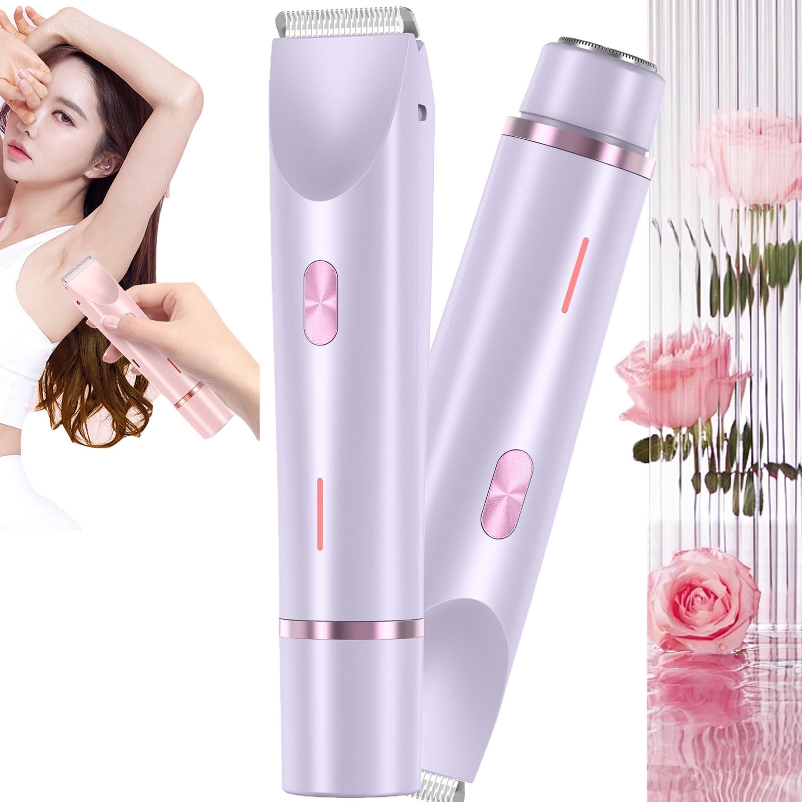 Glow Electric Razor for Women - 2 in 1 Waterproof Wet & Dry Lady Shaver with Dual Heads & LED Light - Purple Rechargeable Bikini & Leg Hair Trimmer for Smooth Shaving at Home or Travel