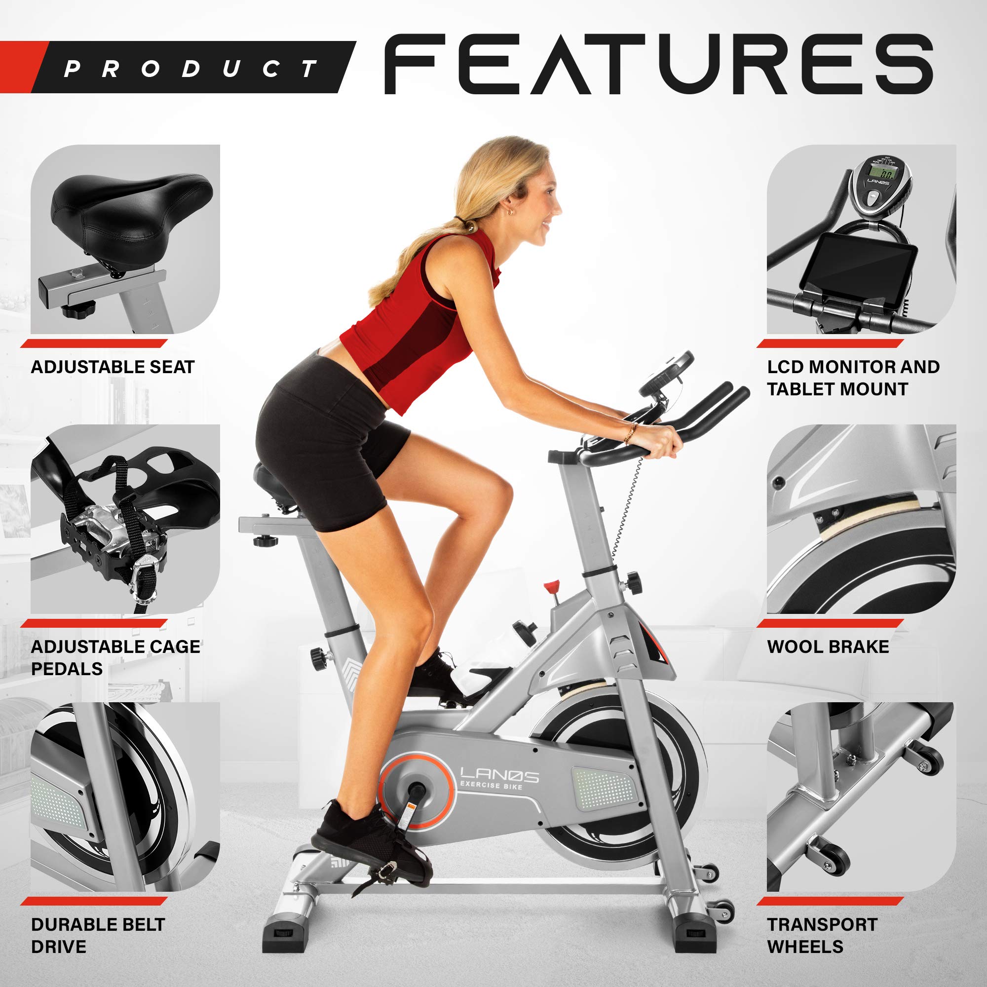 **Lanos Exercise Bike for Home Gym - Indoor Cycling Bike with Silent Belt Drive, Comfortable Seat & iPad Holder - Cardio Workout Equipment for Men & Women - Perfect for Small Spaces, Apartment & Office Use**