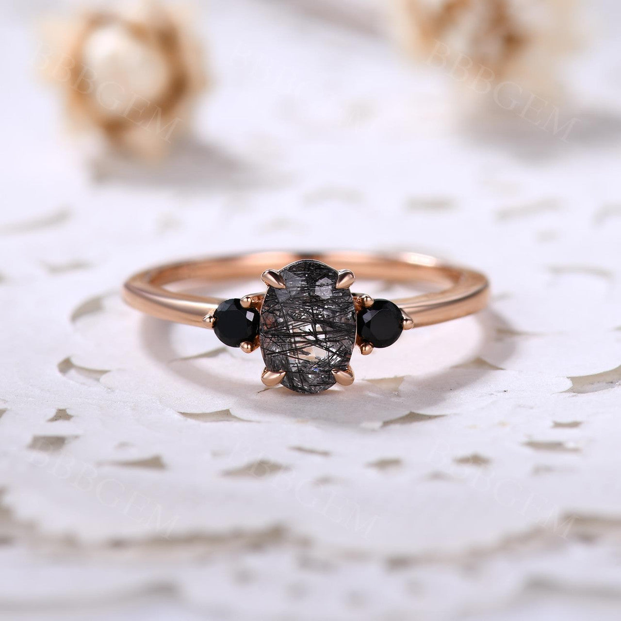 Black Rutilated Quartz Rose Gold Engagement Ring for Women - Black Spinel Wedding Band for Her - Elegant Jewelry Gift for Brides, Anniversaries & Special Occasions