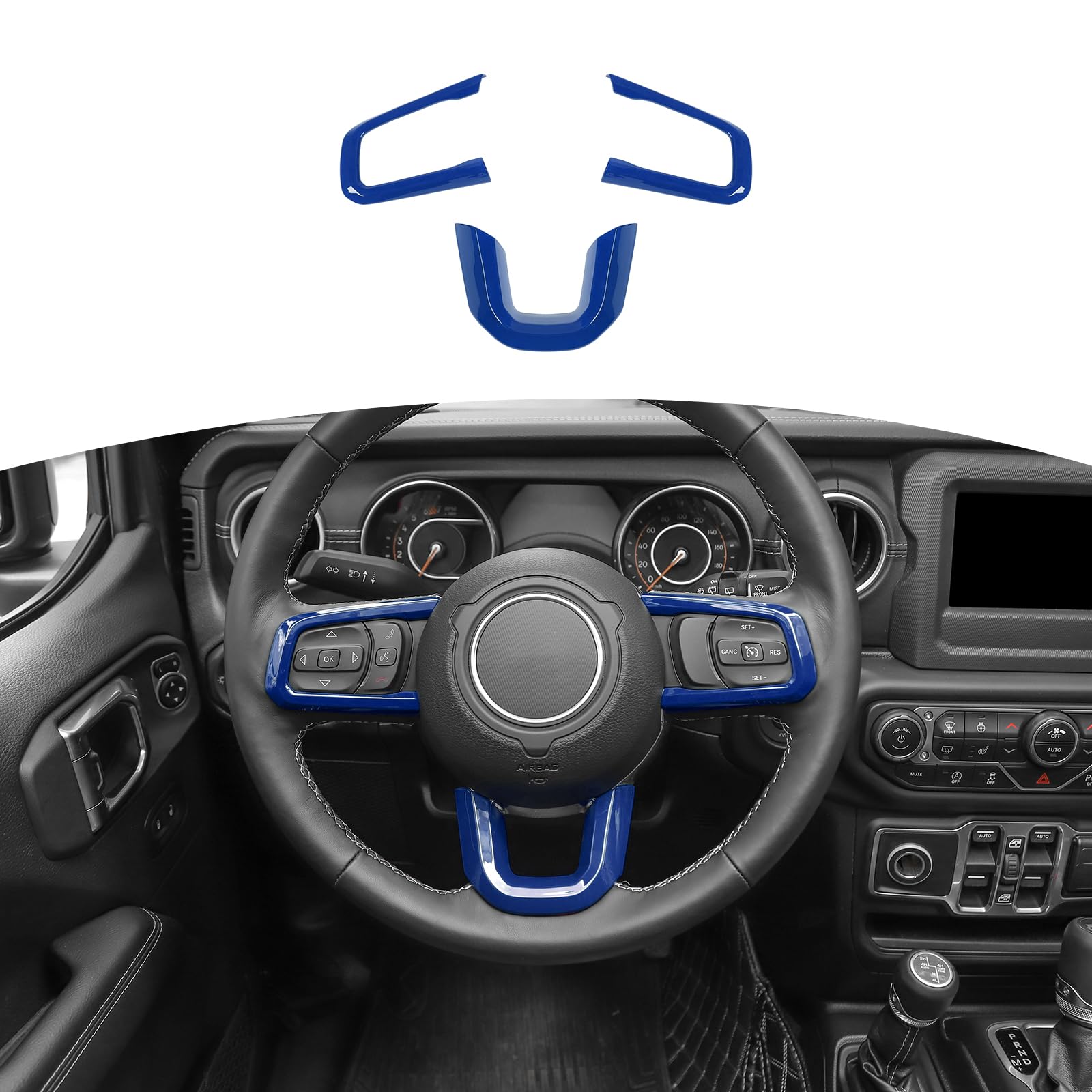 Blue Steering Wheel Trim Decal Panel for Jeep Wrangler JL/JLU & Gladiator JT (2018-Present) - 3pcs Interior Accessories - Upgrade Your Ride for Off-Road Adventures & Daily Commutes