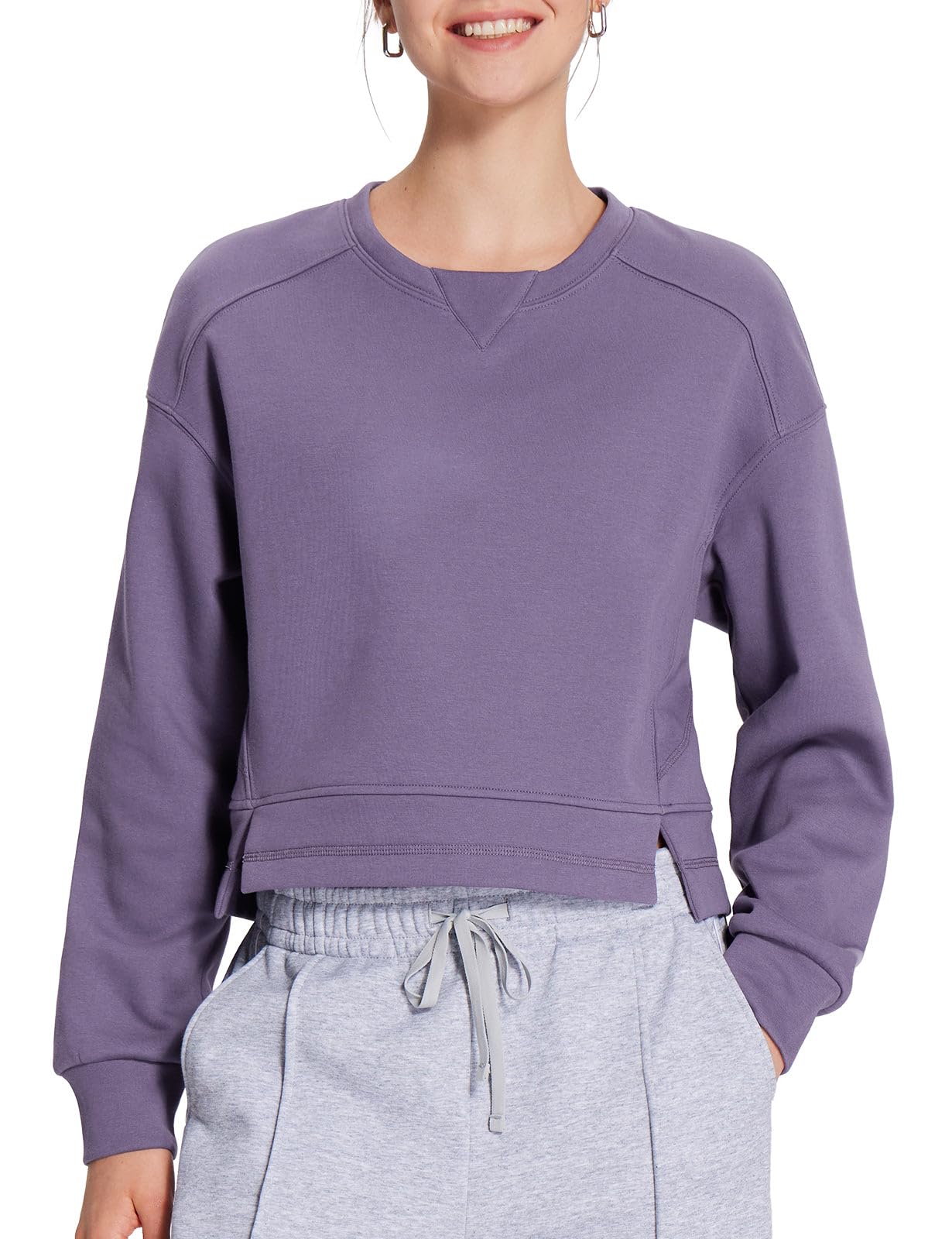Baleaf Women's Oversized Fleece Crewneck Cropped Sweatshirt - Long Sleeve Loose Pullover for Workout, Casual & Fall Outfits | Cozy Lounge Wear, Gym Essentials & Autumn Fashion