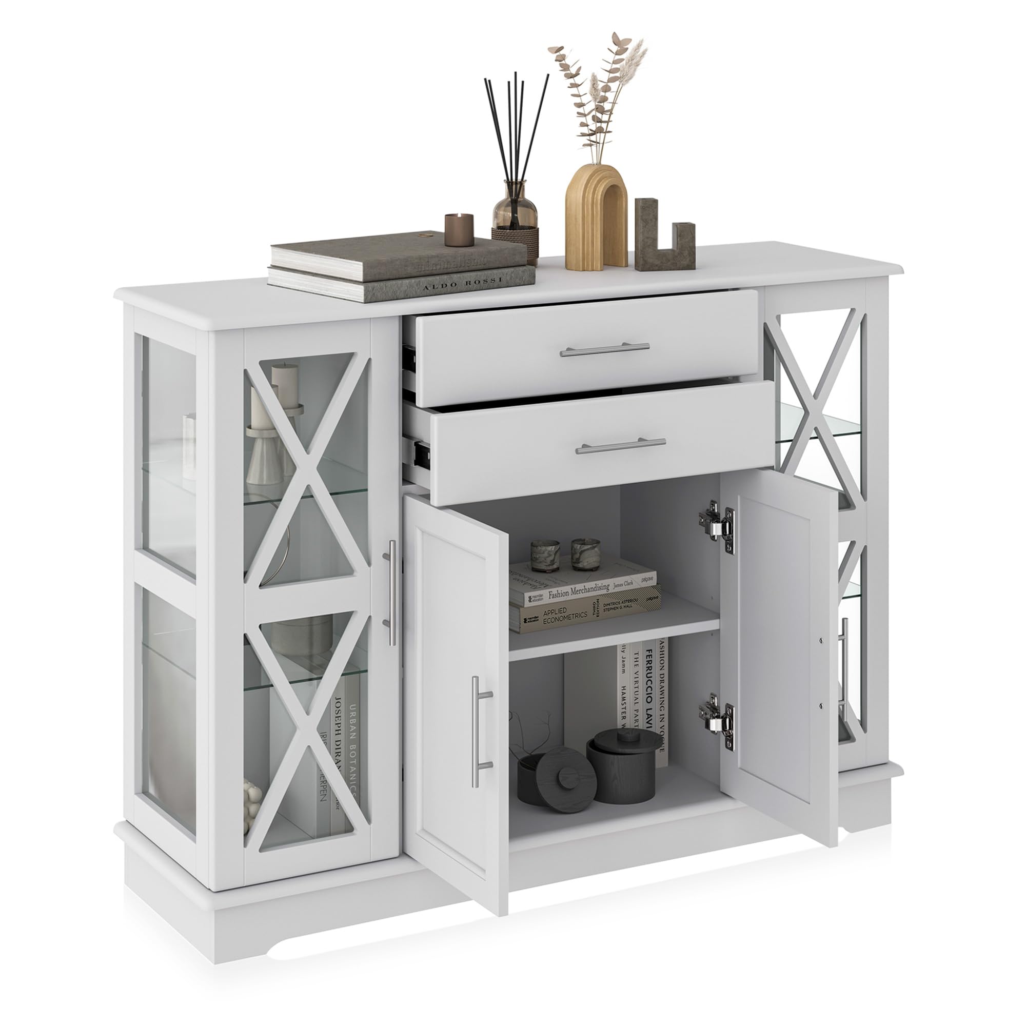 BELLEZE 47 Inch White Sideboard Buffet Cabinet - Storage Console Table, Coffee Bar, Kitchen Cupboard & Pantry Organizer with Glass Display Doors - Perfect for Living Room, Entryway & Dining Room Decor