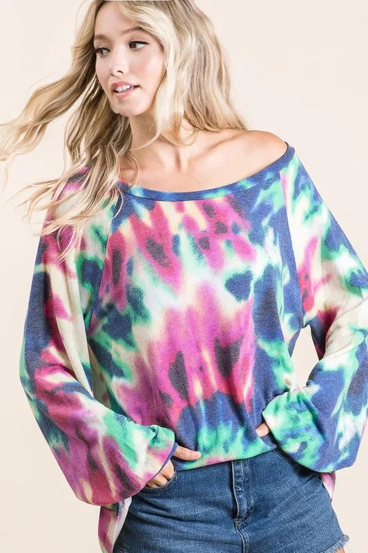 BiBi Tie Dye Print Terry Top with Puff Sleeves | Women's Fashion Casual Shirt | Perfect for Summer Outfits, Beach Wear & Music Festivals