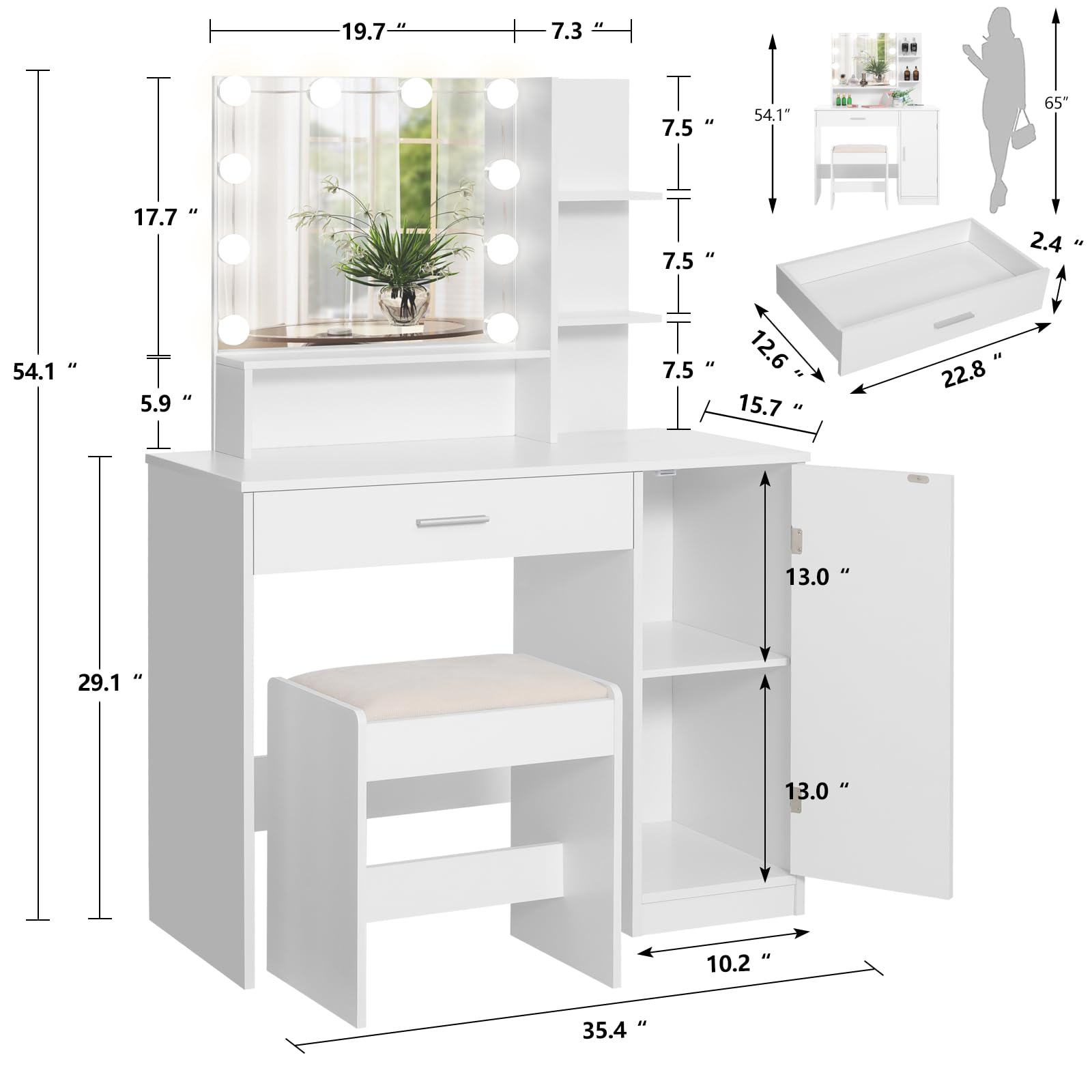 USIKEY White Makeup Vanity Desk Set with Stool - 1 Drawer, 1 Cabinet & 3 Shelves, 3 Adjustable Lighting Modes - Perfect for Bedroom, Dressing Room & Valentine's Day Gift