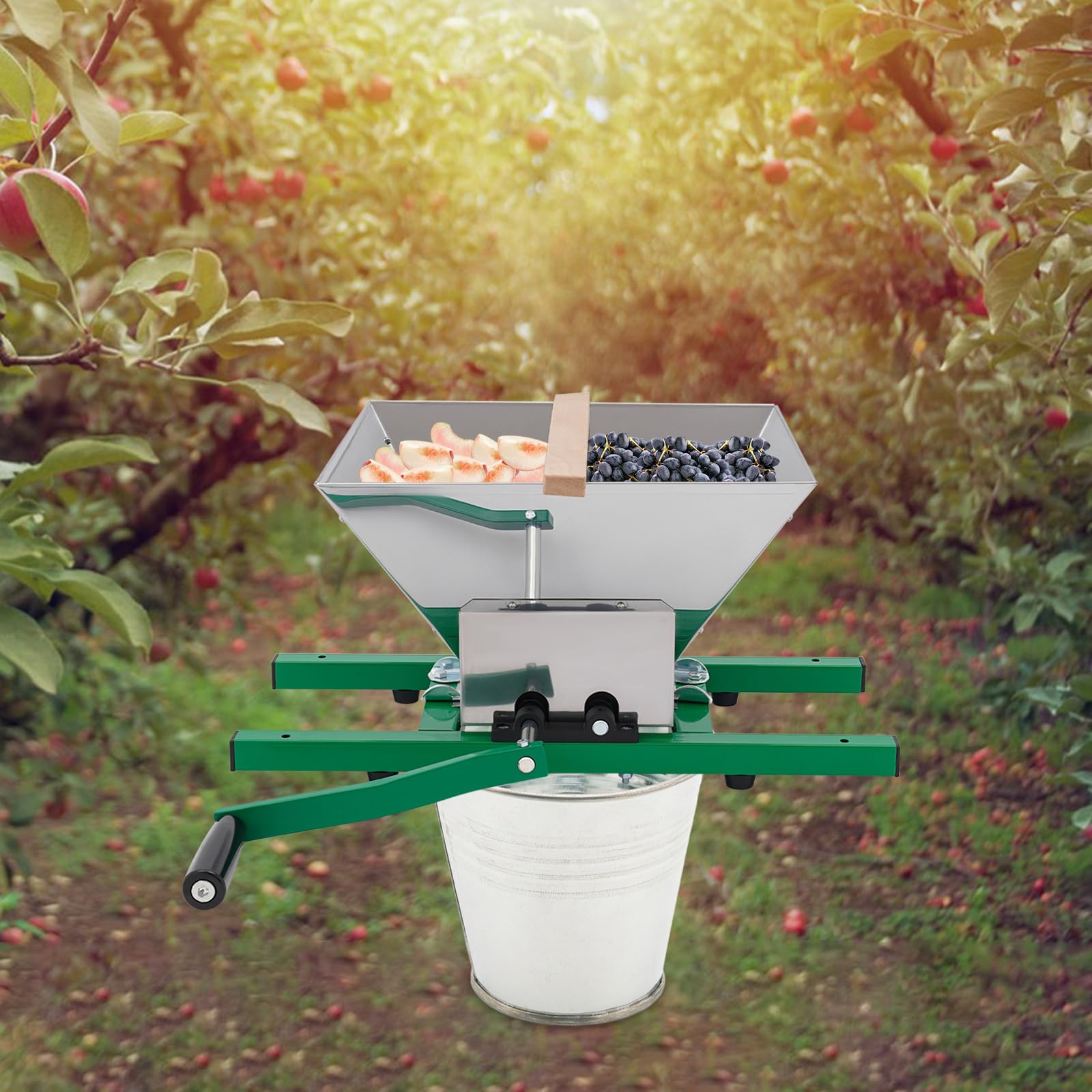 Stainless Steel Manual Fruit Crusher & Juicer - 7L/1.85Gal Portable Grape Grinder for Wine, Cider Making - Green & Silver | Perfect for Home Brewing, Fruit Processing, and Vegetable Pulping