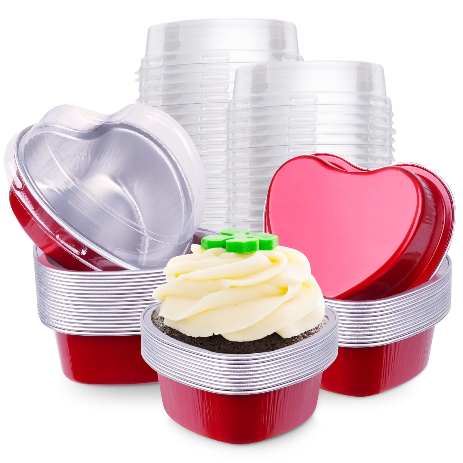 60 Pcs Heart Shaped Cake Pans with Lids - 3.4 Oz Aluminum Mini Baking Pans for Cupcakes, Flan & Desserts | Disposable Foil Tins for Valentine's Day, Mother's Day & Party Baking (Red) | Perfect for Home Baking, Holiday Treats & Gift Giving