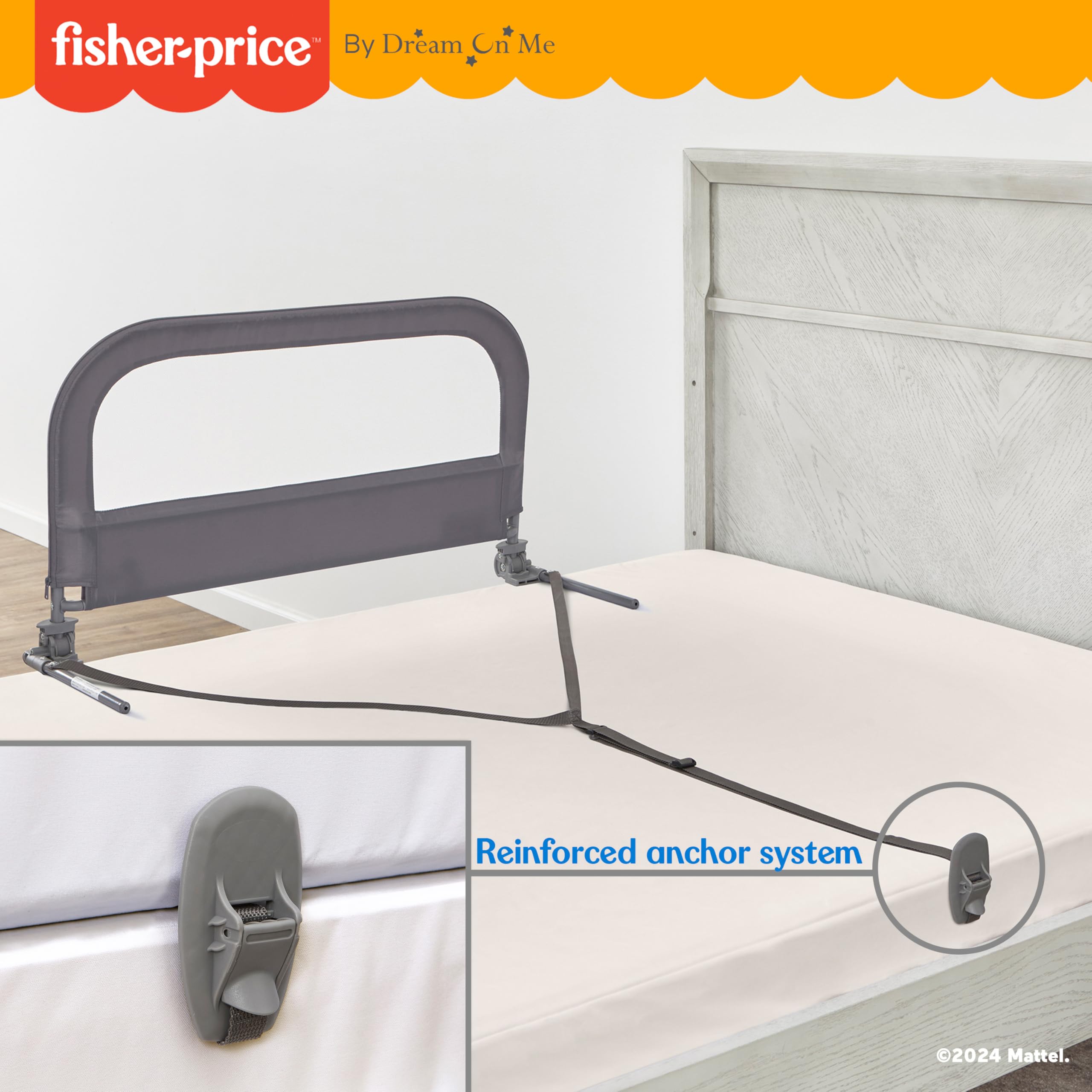 Dream On Me Fisher-Price Little Naps Bed Rail for Toddlers - Grey Safety Guardrail for Twin, Full & Queen Beds | No-Tool Assembly | Perfect for Daycare, Travel & Home Use
